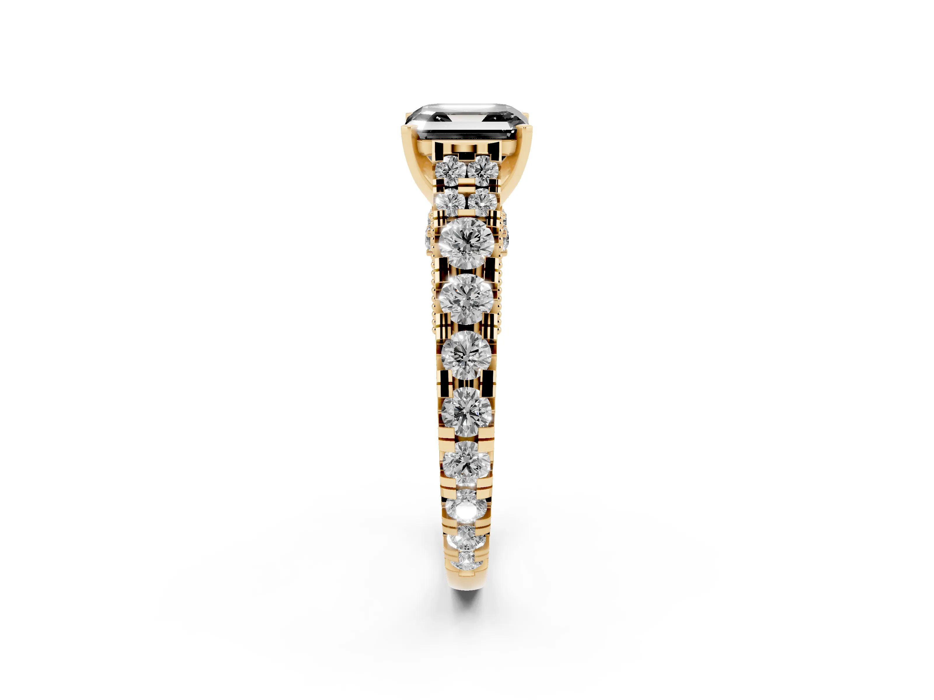 Fancy Black Asscher Cut Diamond Classic Solitaire Ring Set in Yellow gold with Pavé Band and Prong Setting