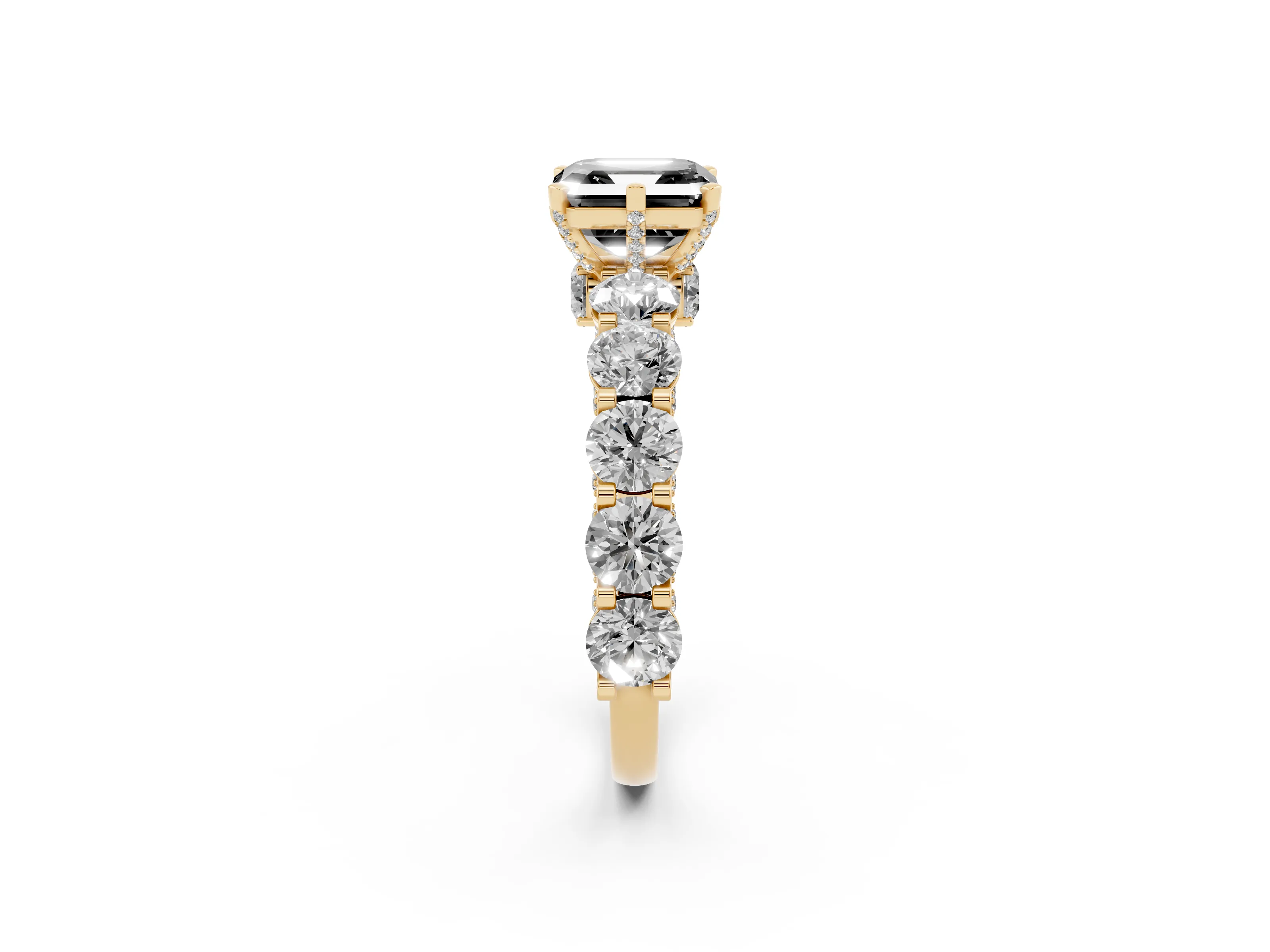 Fancy Black Asscher Cut Diamond Side Stone Ring Set in Yellow gold with Alternating Round and Oval Side Stones
