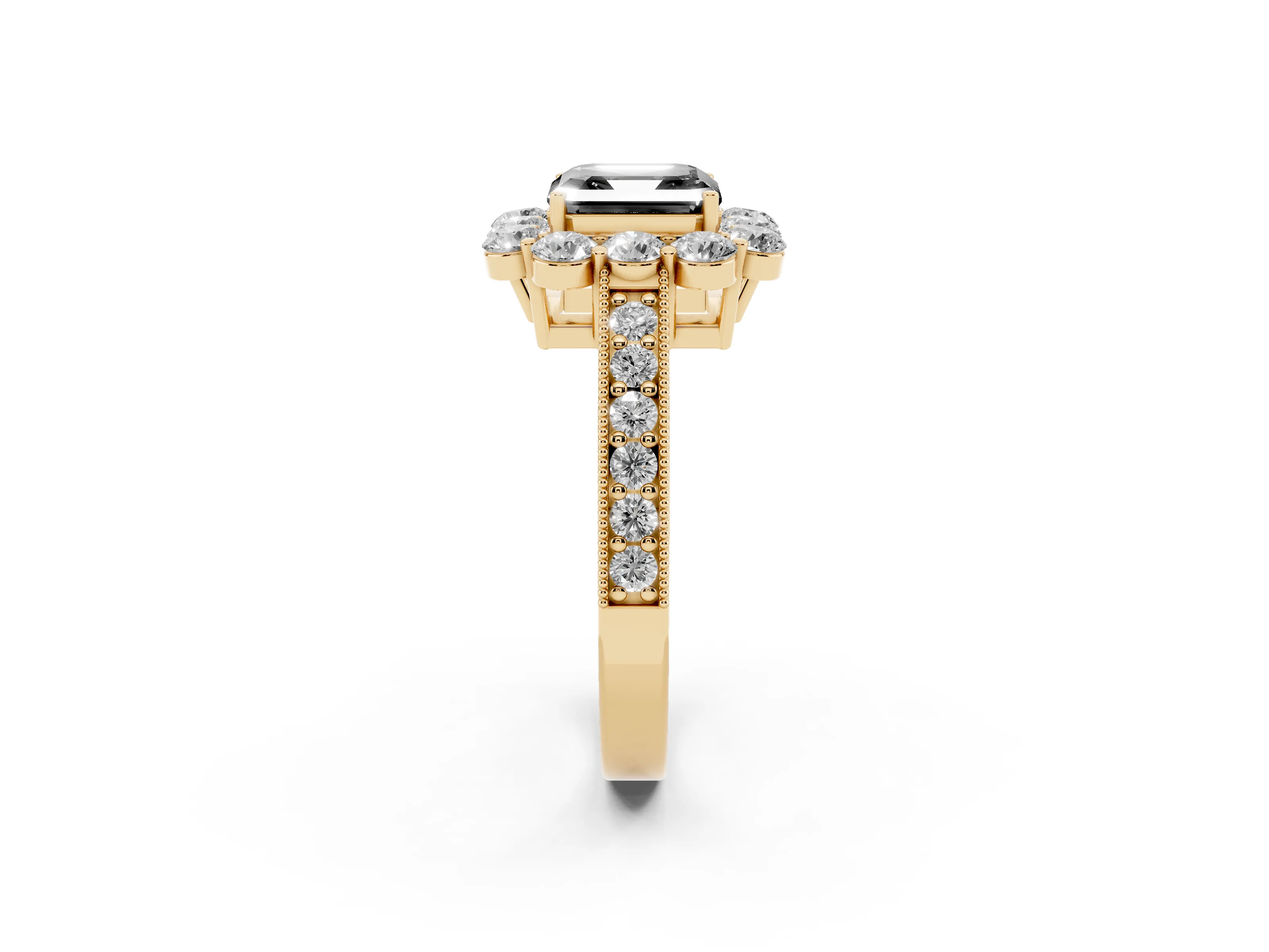 Fancy Black Asscher Cut Diamond Halo Pavé Engagement Ring Set in Yellow gold with Milgrain Detailing