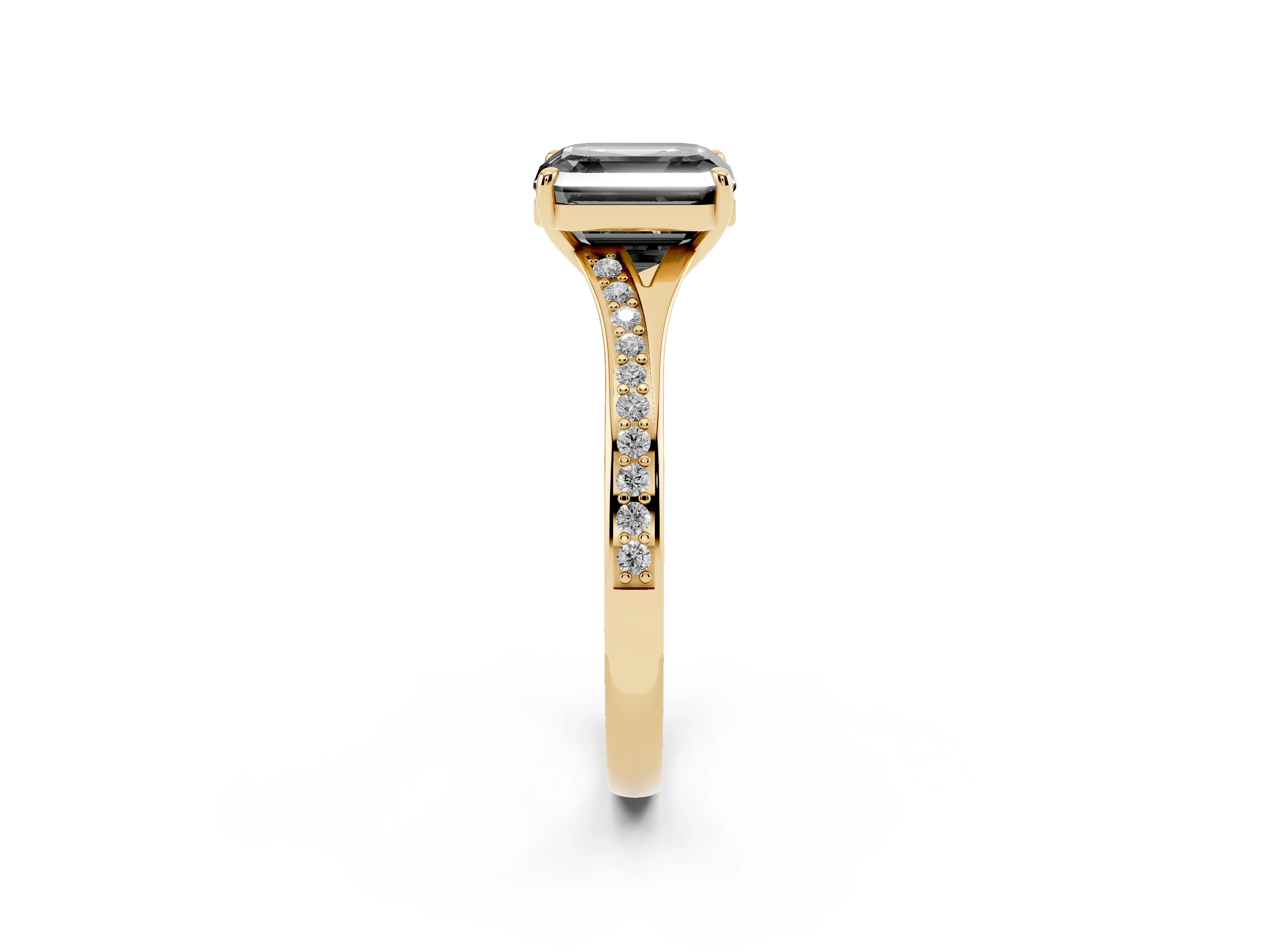 Fancy Black Asscher Cut Diamond Solitaire Ring Set in Yellow gold with Pavé Accent Band and Classic Prong Setting