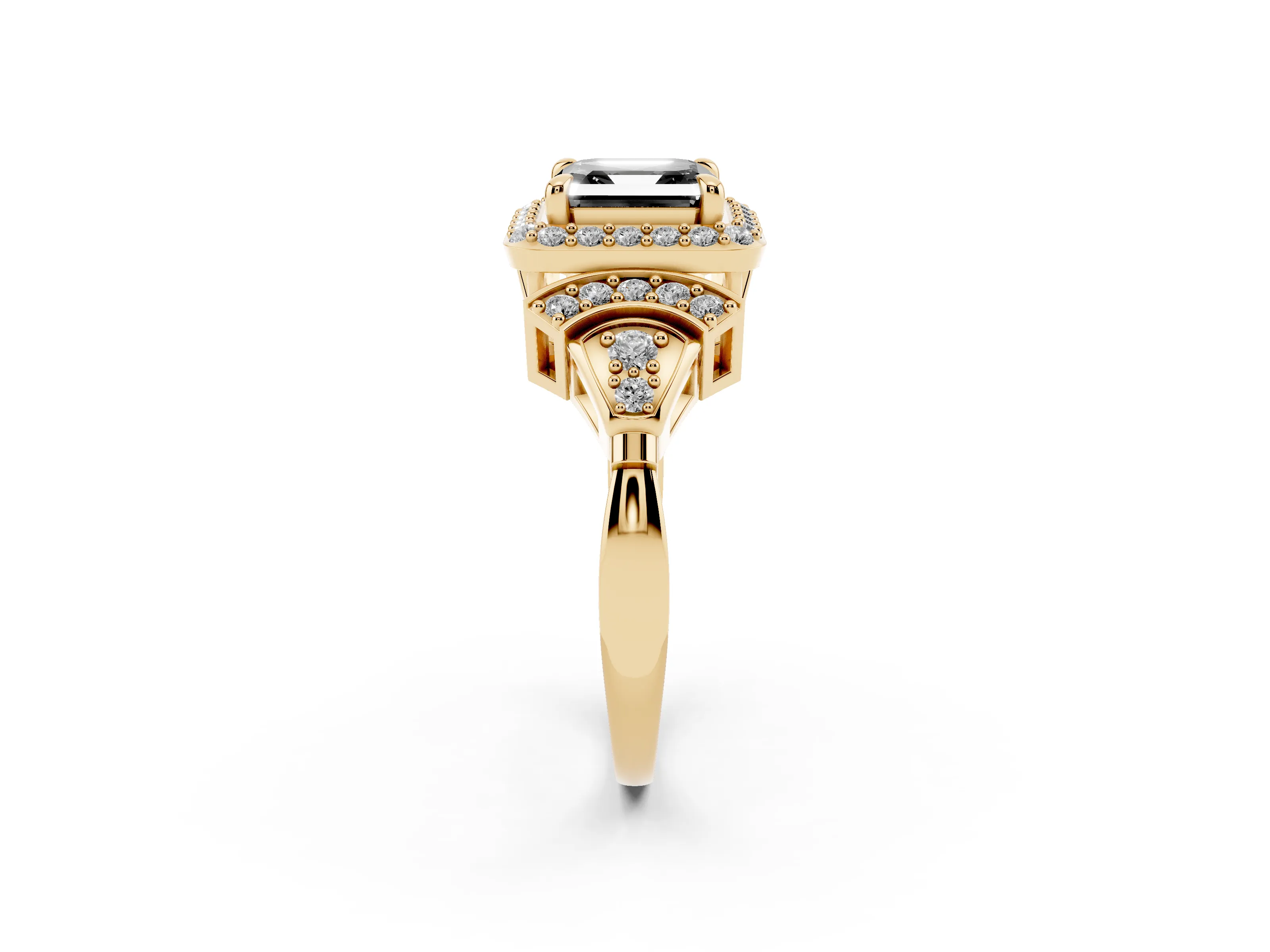 Fancy Black Asscher Cut Diamond Halo Engagement Ring Set in Yellow gold with Accent Stone Split Shank