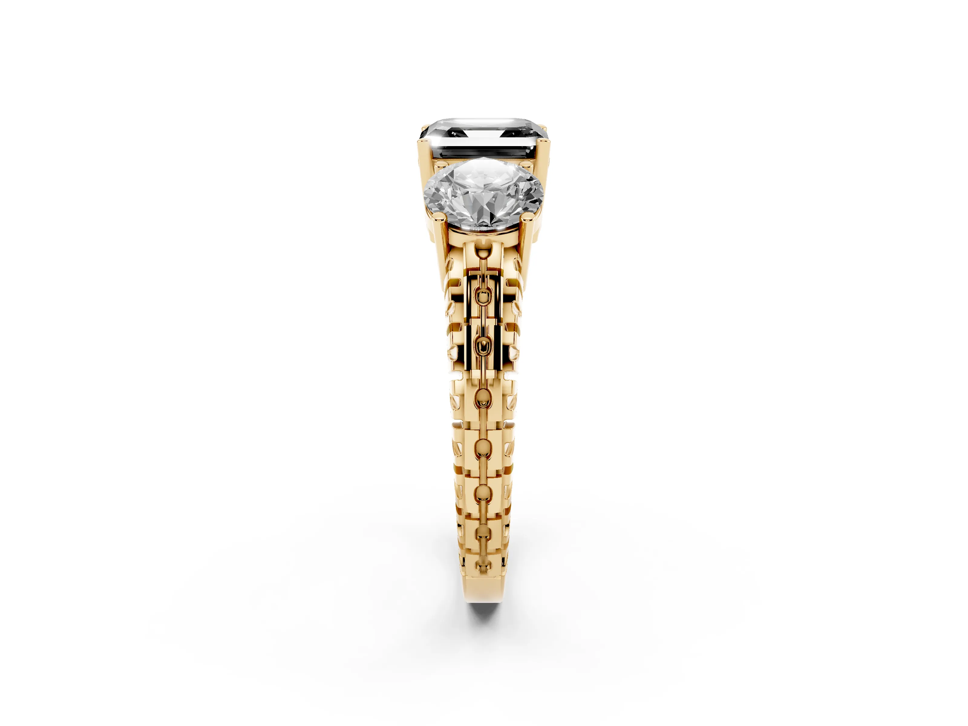 Fancy Black Asscher Cut Diamond Three-Stone Ring Set in Yellow gold with Channel-Set Accent Band