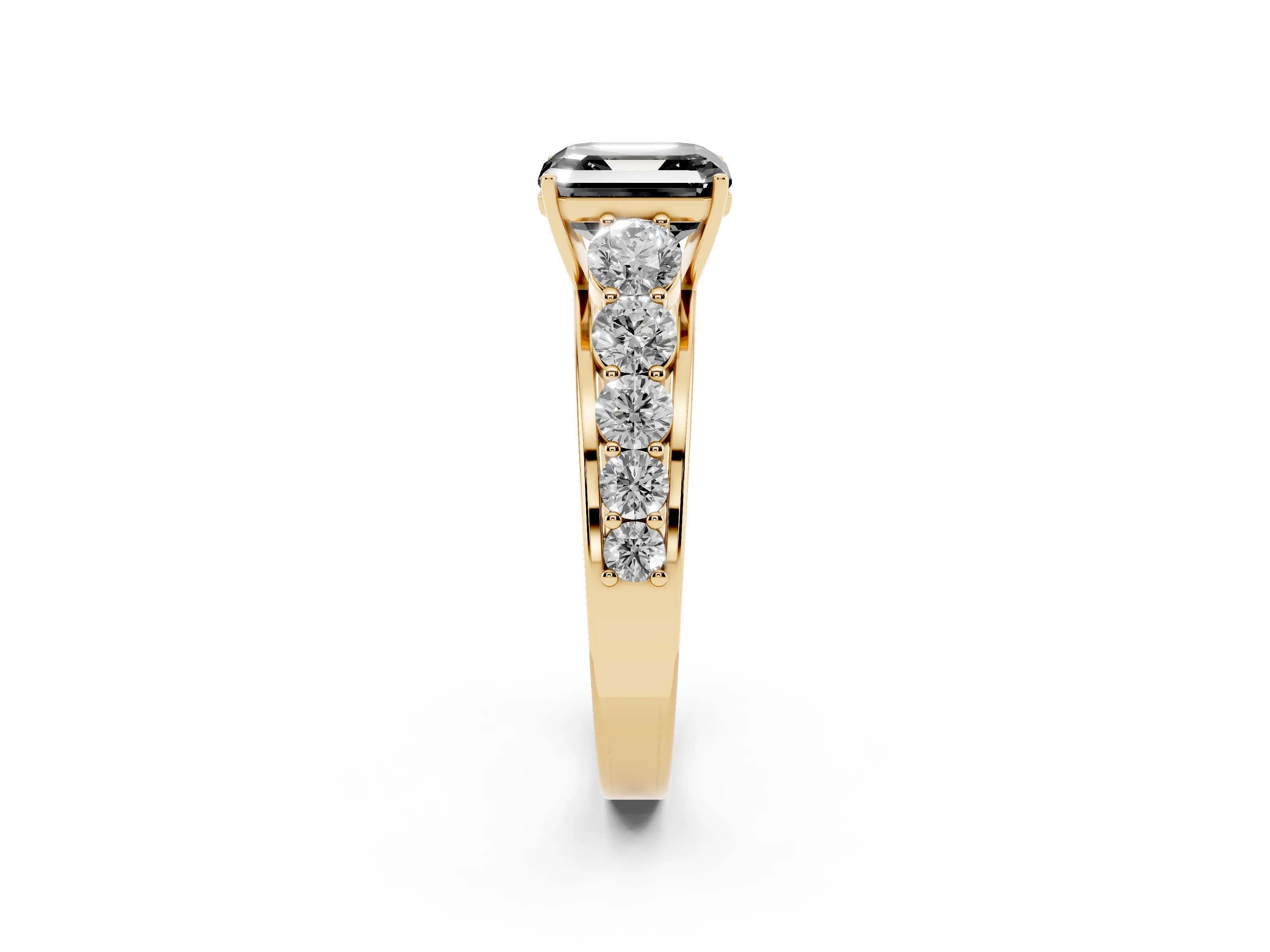 Fancy Black Asscher Cut Diamond Solitaire Ring Set in Yellow gold with Pavé-Set Band and Prong Setting