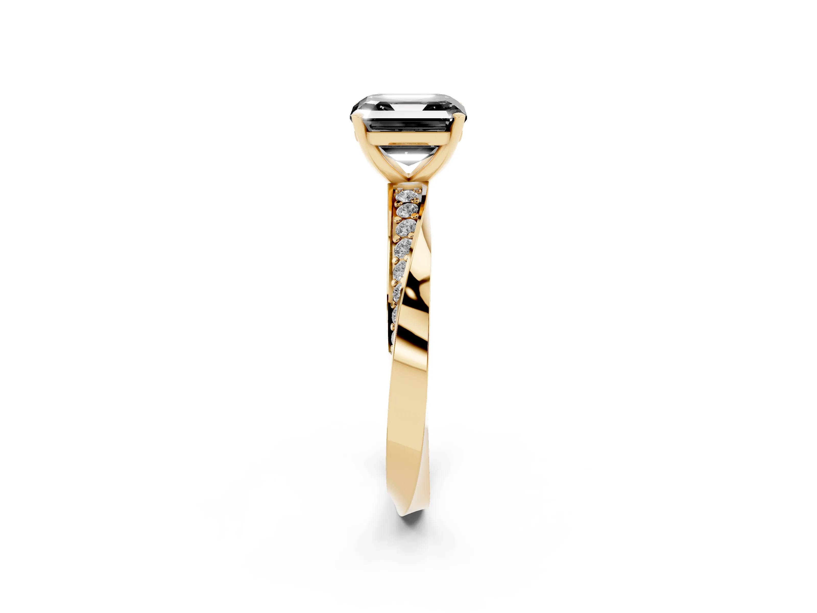 Fancy Black Asscher Cut Diamond Engagement Ring Set in Yellow gold with Side Stone Accents and Prong Setting