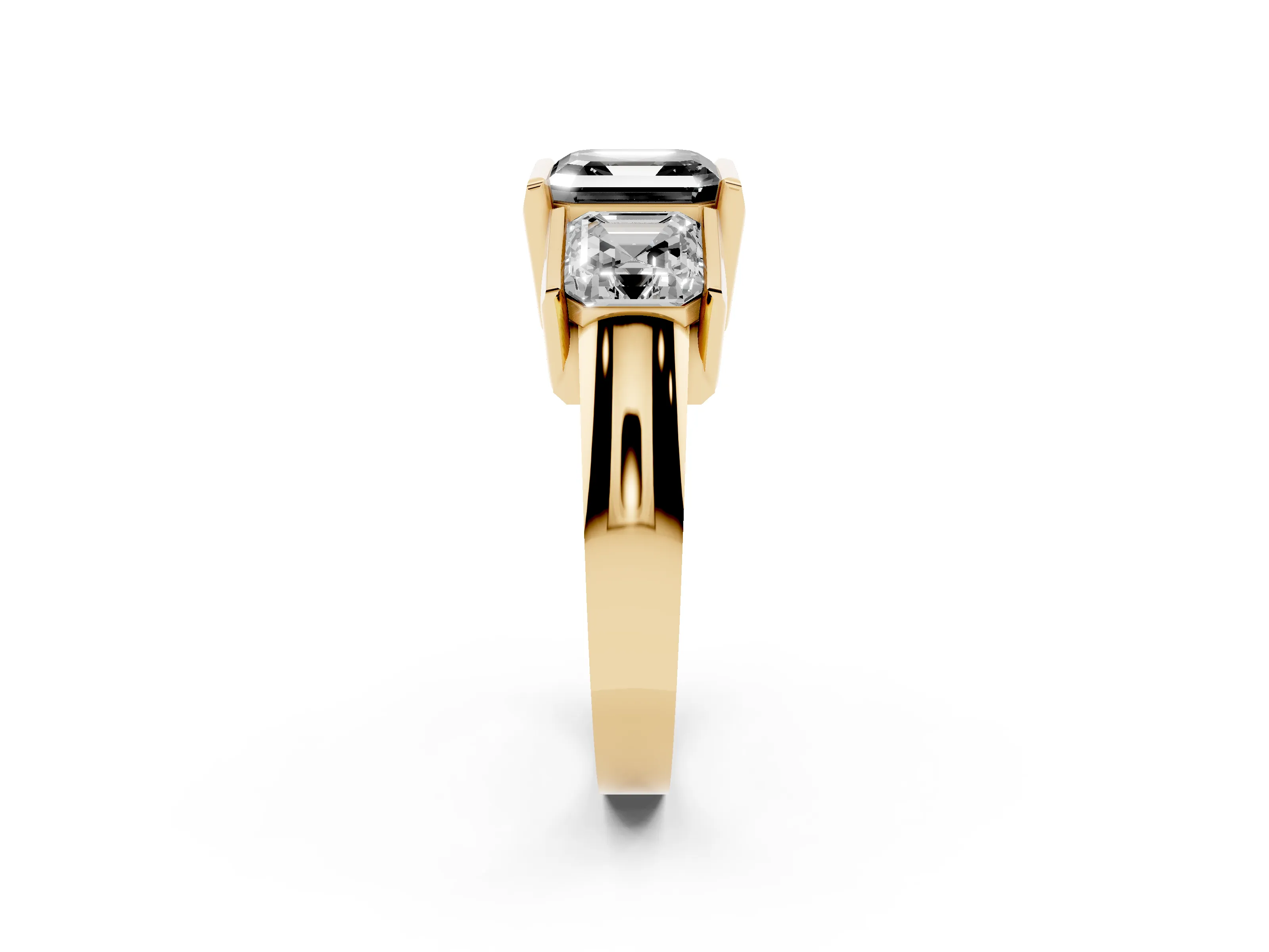 Fancy Black Asscher Cut Diamond Three-Stone Channel Set Ring Set in Yellow gold with Smooth Polished Band