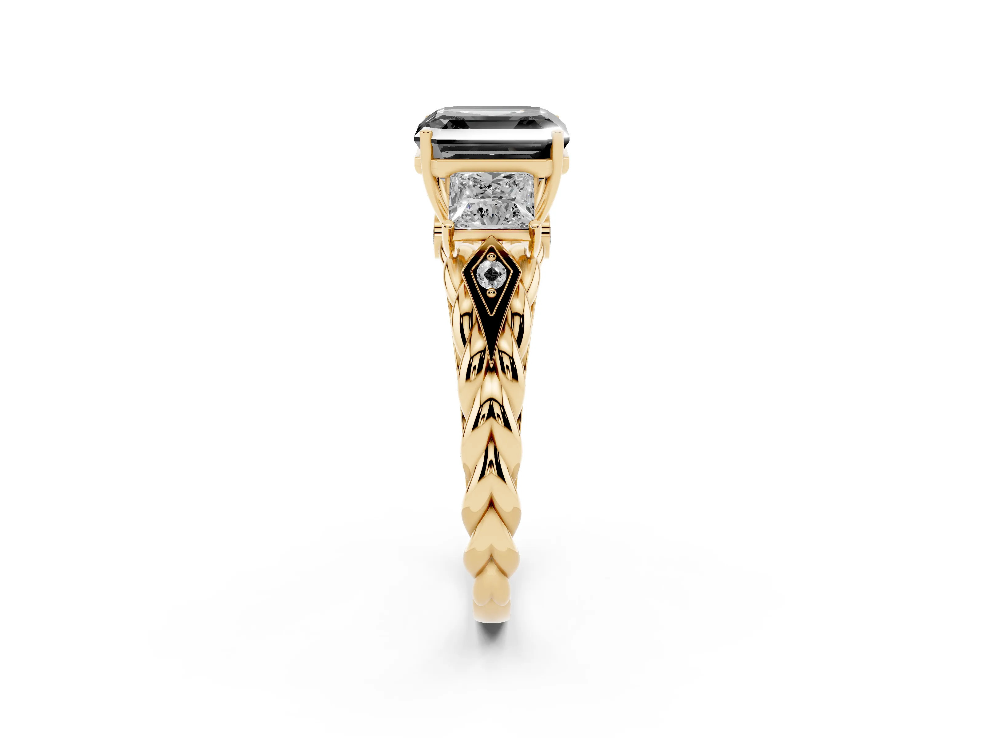 Fancy Black Asscher Cut Diamond Three-Stone Ring Set in Yellow gold with Braided Band