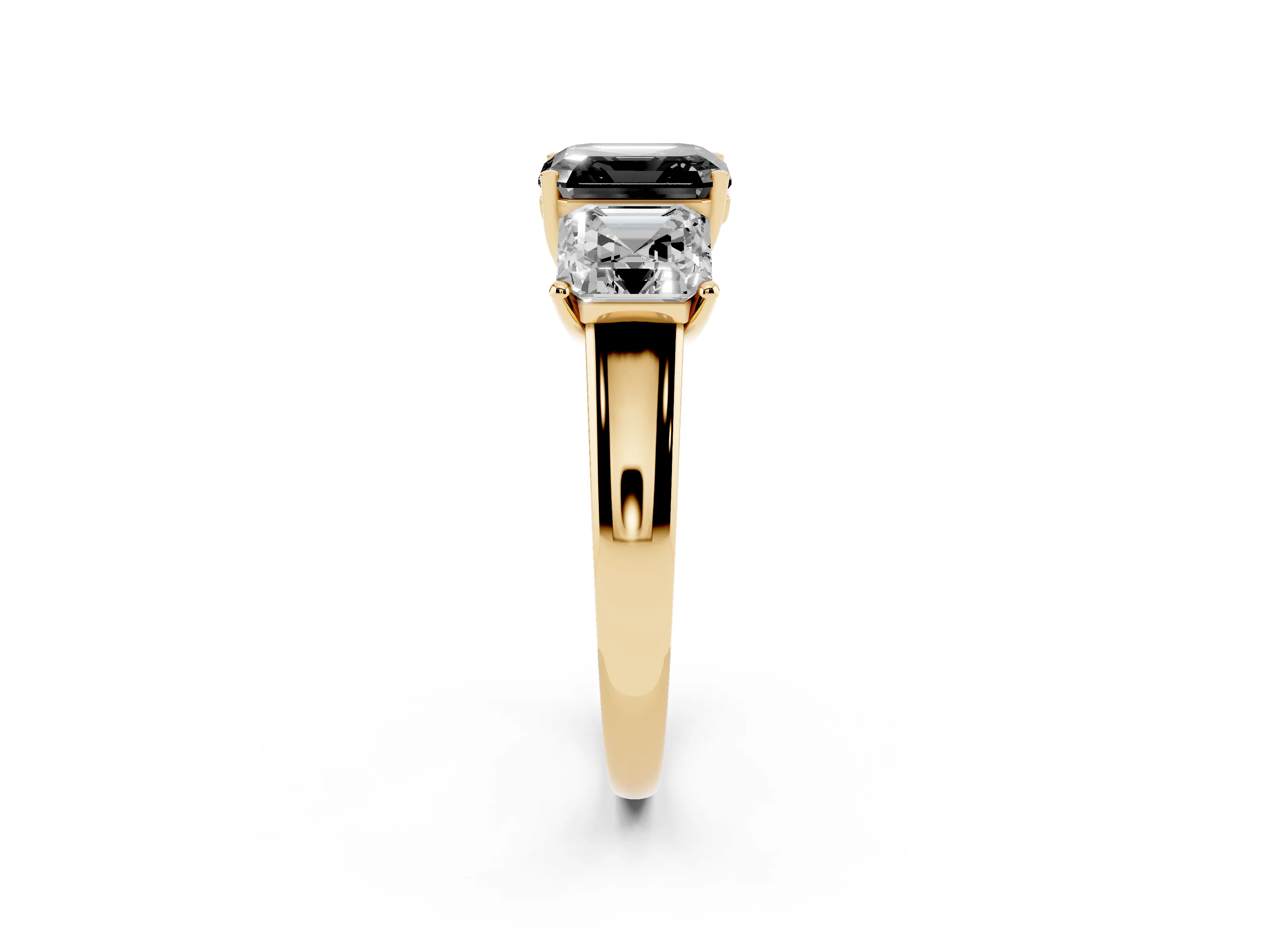 Fancy Black Asscher Cut Diamond Three-Stone Ring Set in Yellow gold with Classic Prong Setting and Plain Band