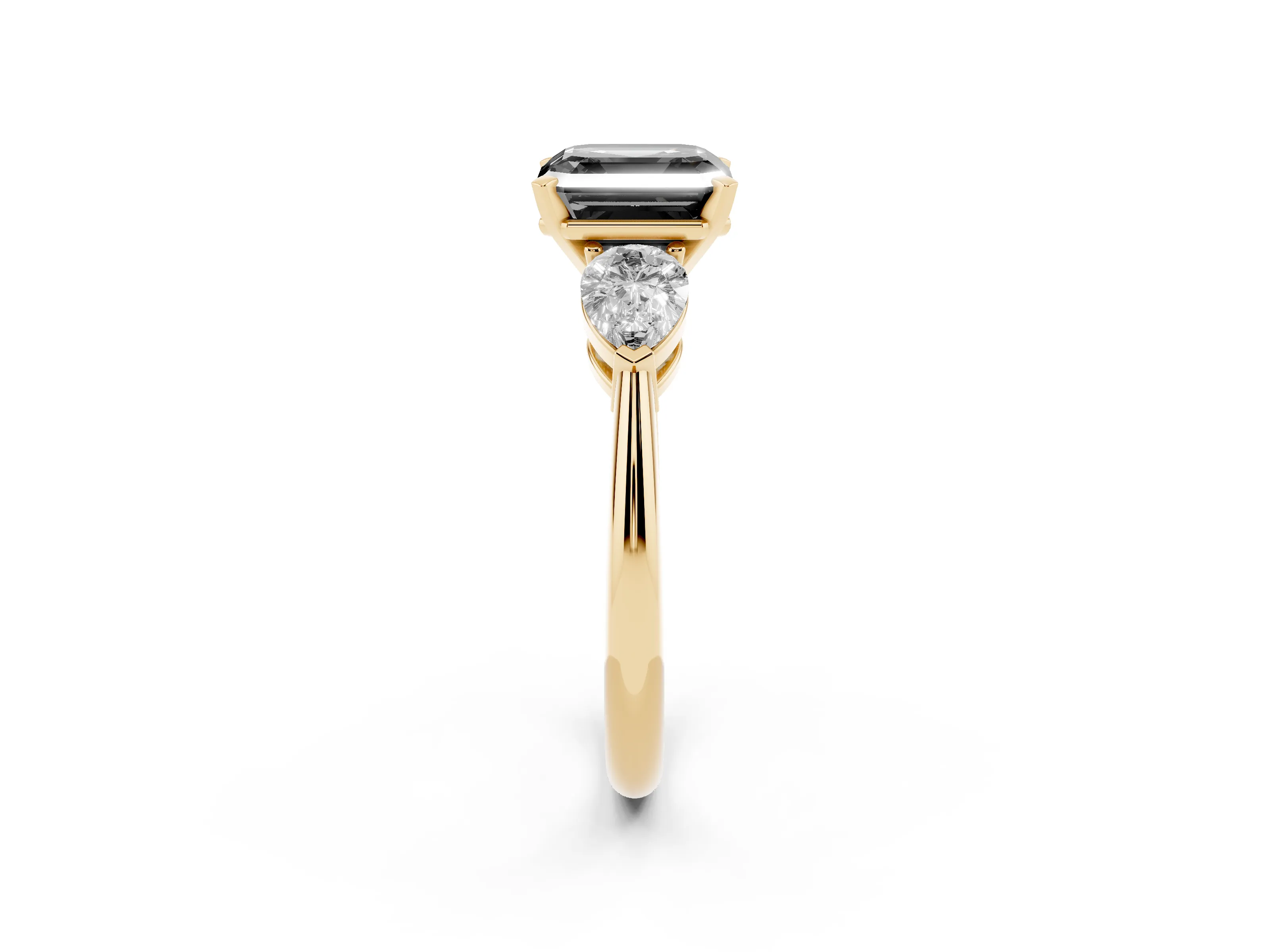 Fancy Black Three-Stone Asscher Cut Diamond Ring Set in Yellow gold with Pear Side Stones and Prong Setting