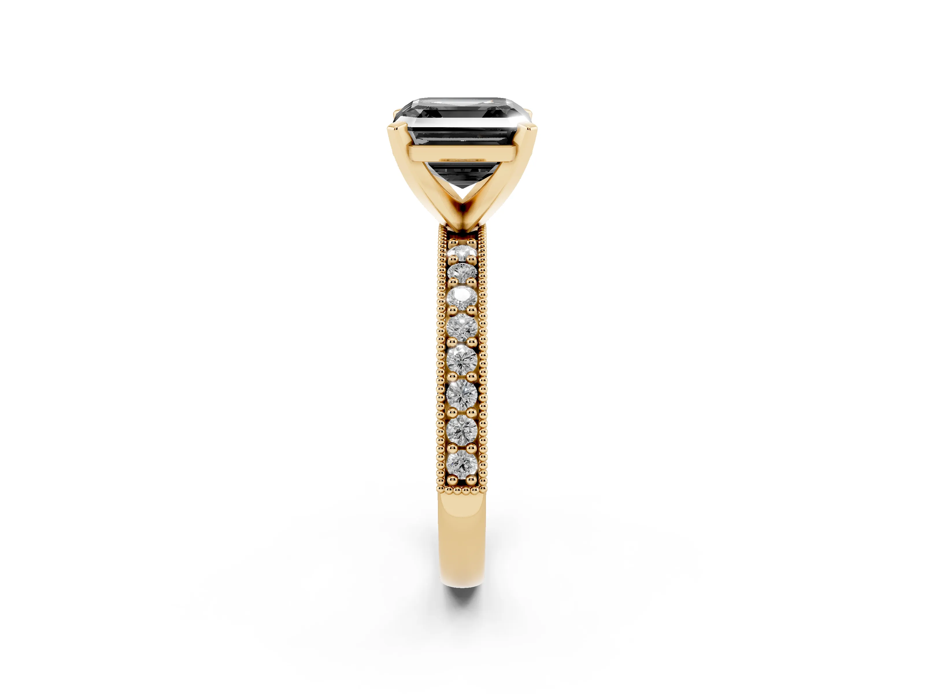 Fancy Black Asscher Cut Diamond Milgrain Pavé Engagement Ring Set in Yellow gold with Prong Setting
