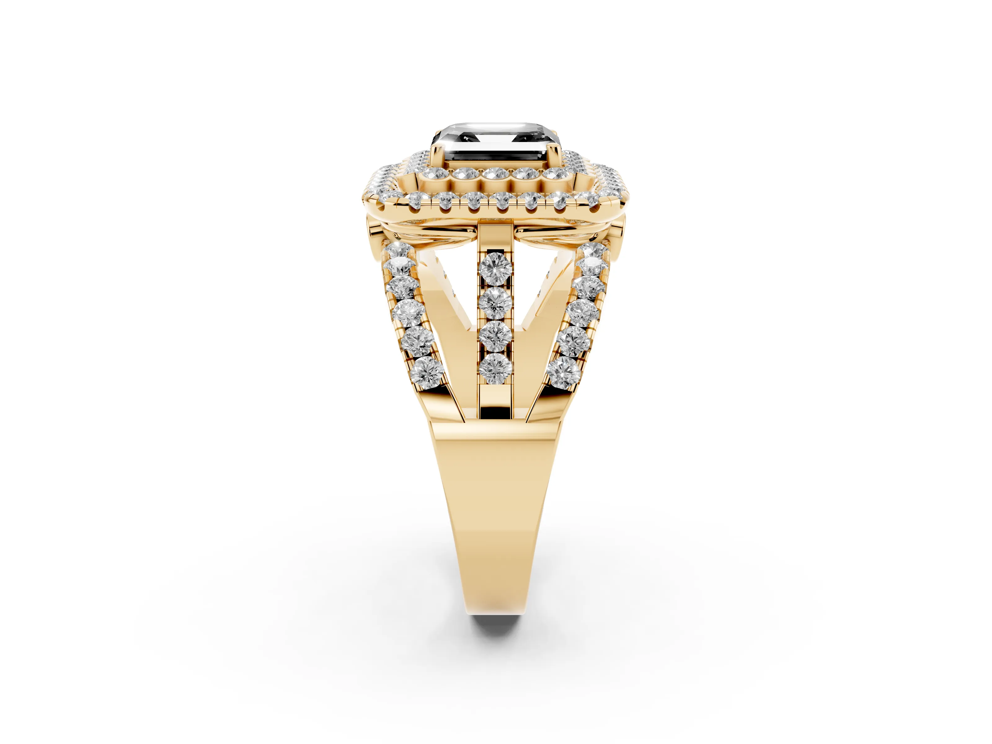 Fancy Black Asscher Cut Diamond Double Halo Ring Set in Yellow gold with Round Pavé Split Shank