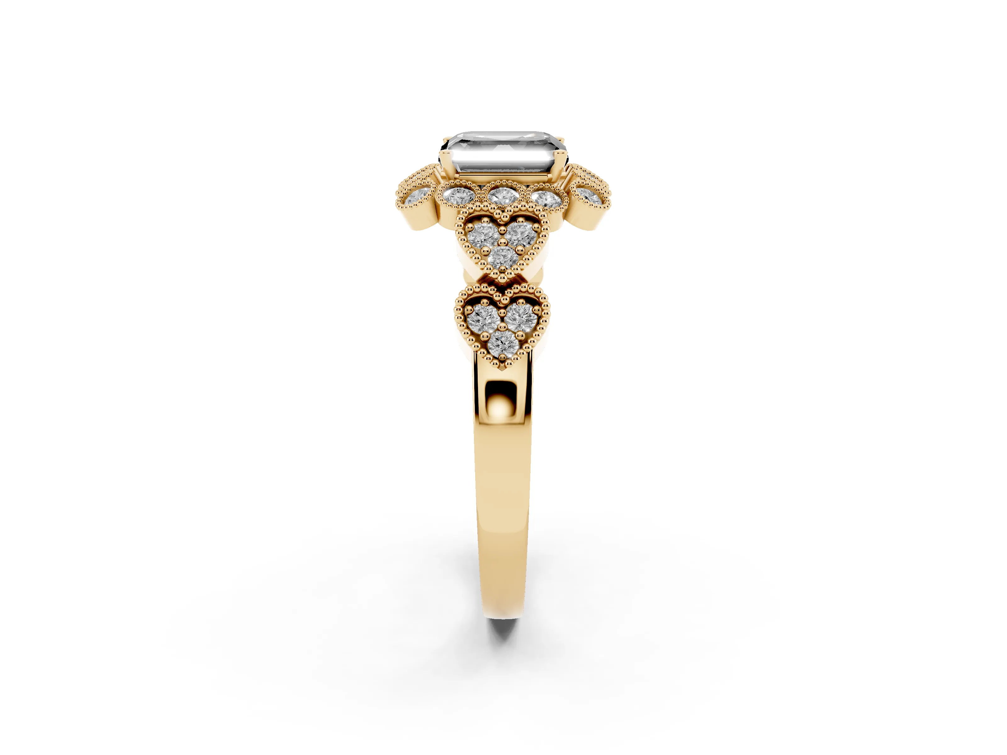 Fancy Black Asscher Cut Diamond Solitaire Ring Set in Yellow gold with Milgrain Pavé Heart Band