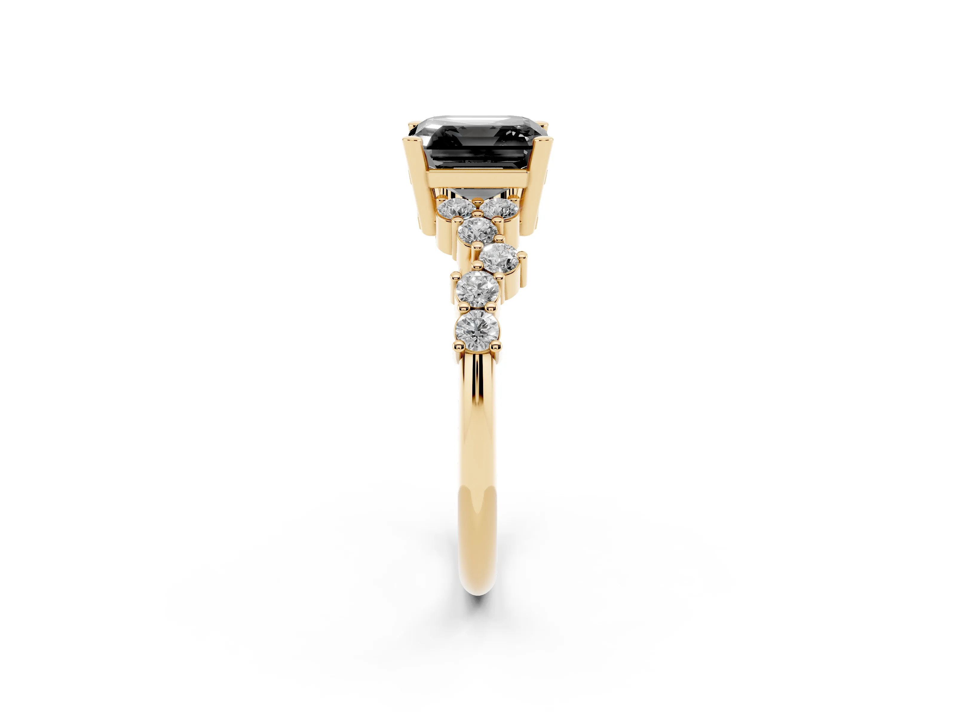 Fancy Black Asscher Cut Diamond Ring Set in Yellow gold with Scattered Round Accents