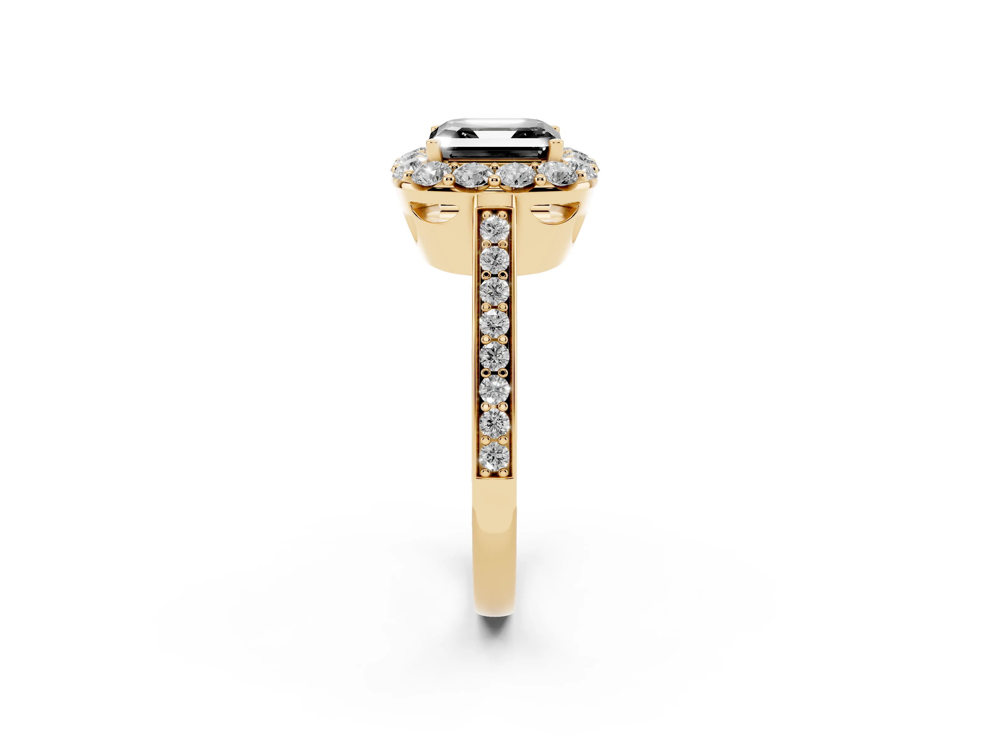 Fancy Black Asscher Cut Diamond Floral Halo Ring Set in Yellow gold with Pavé Band and Prong Setting