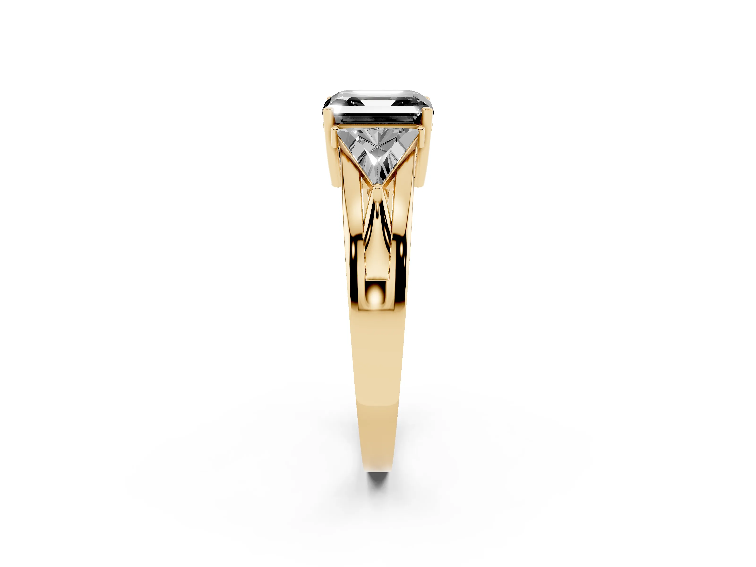Fancy Black Asscher Cut Diamond Three-Stone Ring Set in Yellow gold with Trillion Side Stones and Split Shank