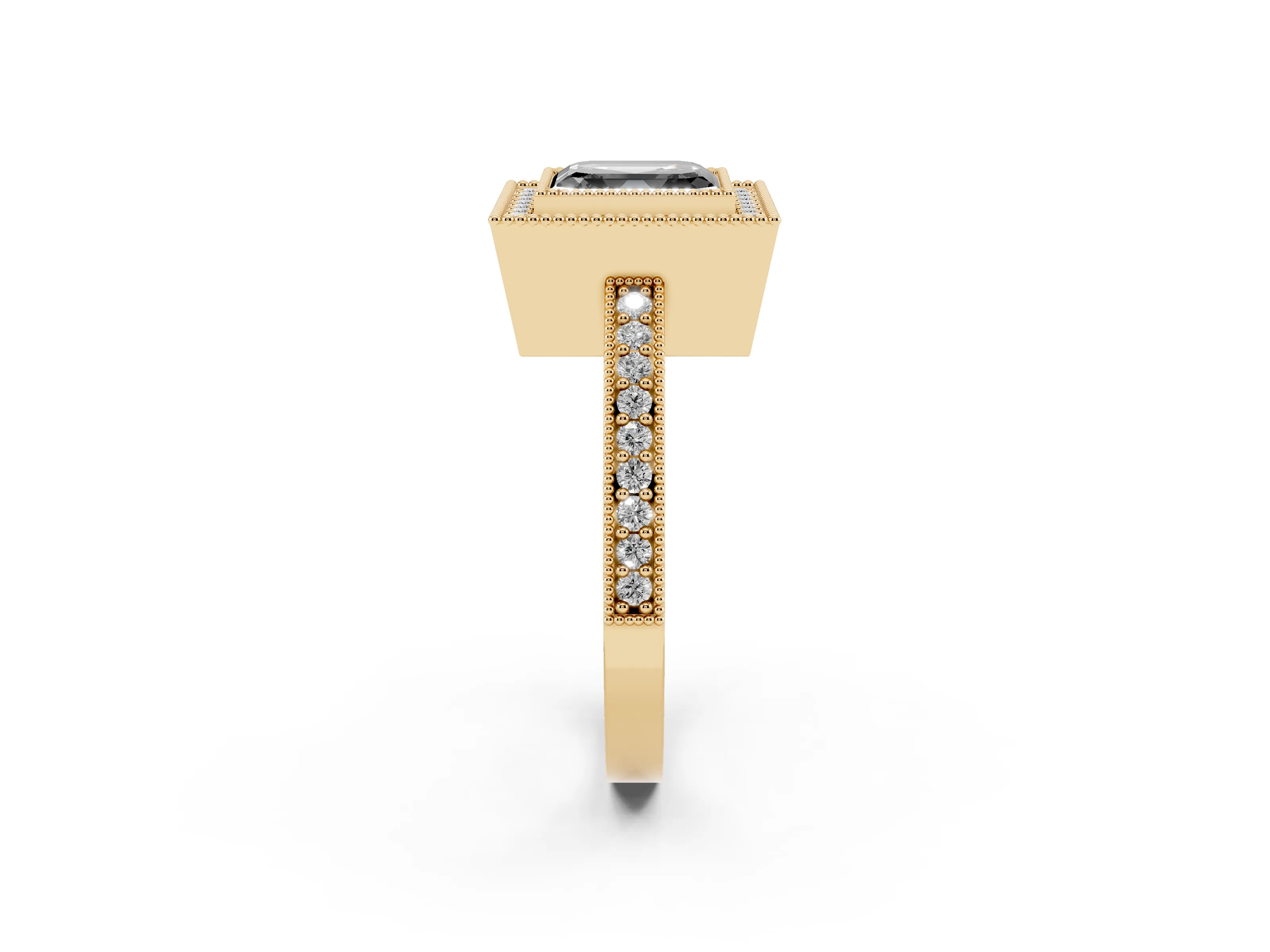 Fancy Black Asscher Cut Diamond Halo Engagement Ring Set in Yellow gold with Pavé Band and Round Halo Stones