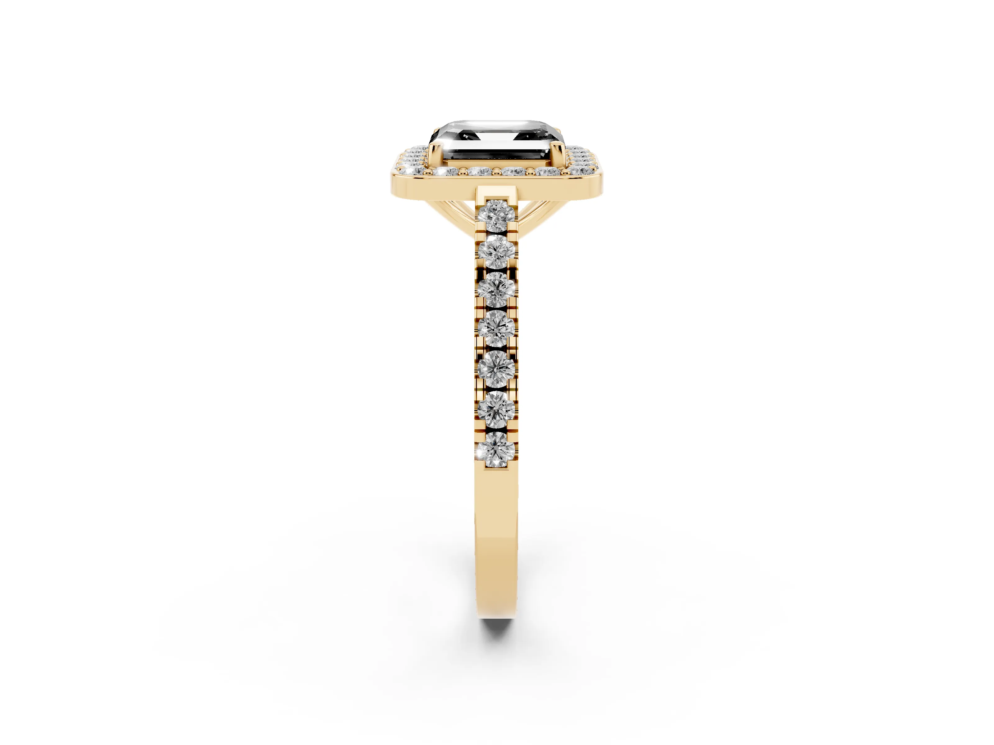 Fancy Black Asscher Cut Diamond Halo Ring Set in Yellow gold with Round Pavé Split Shank and Prong Setting