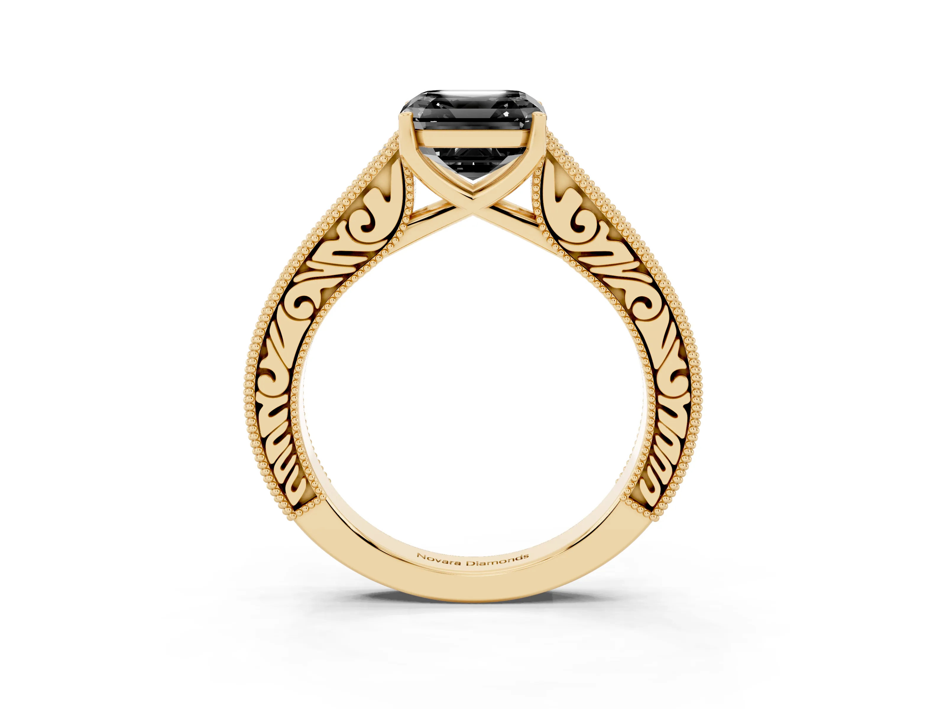 Fancy Black Asscher Cut Diamond Milgrain Pavé Band Solitaire Ring Set in Yellow gold with Prong Setting