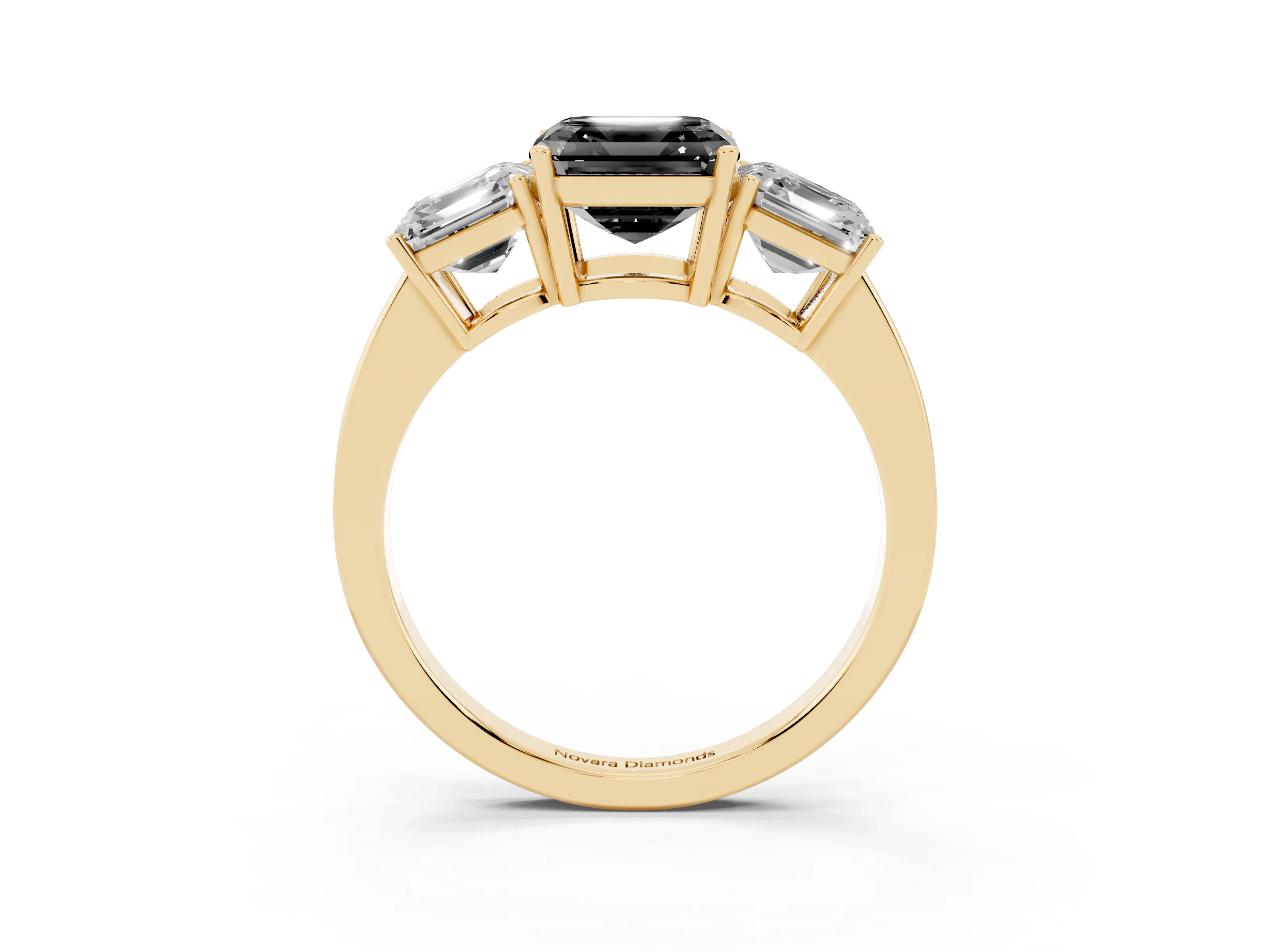 Fancy Black Asscher Cut Diamond Three-Stone Engagement Ring Set in Yellow gold with Flat Band