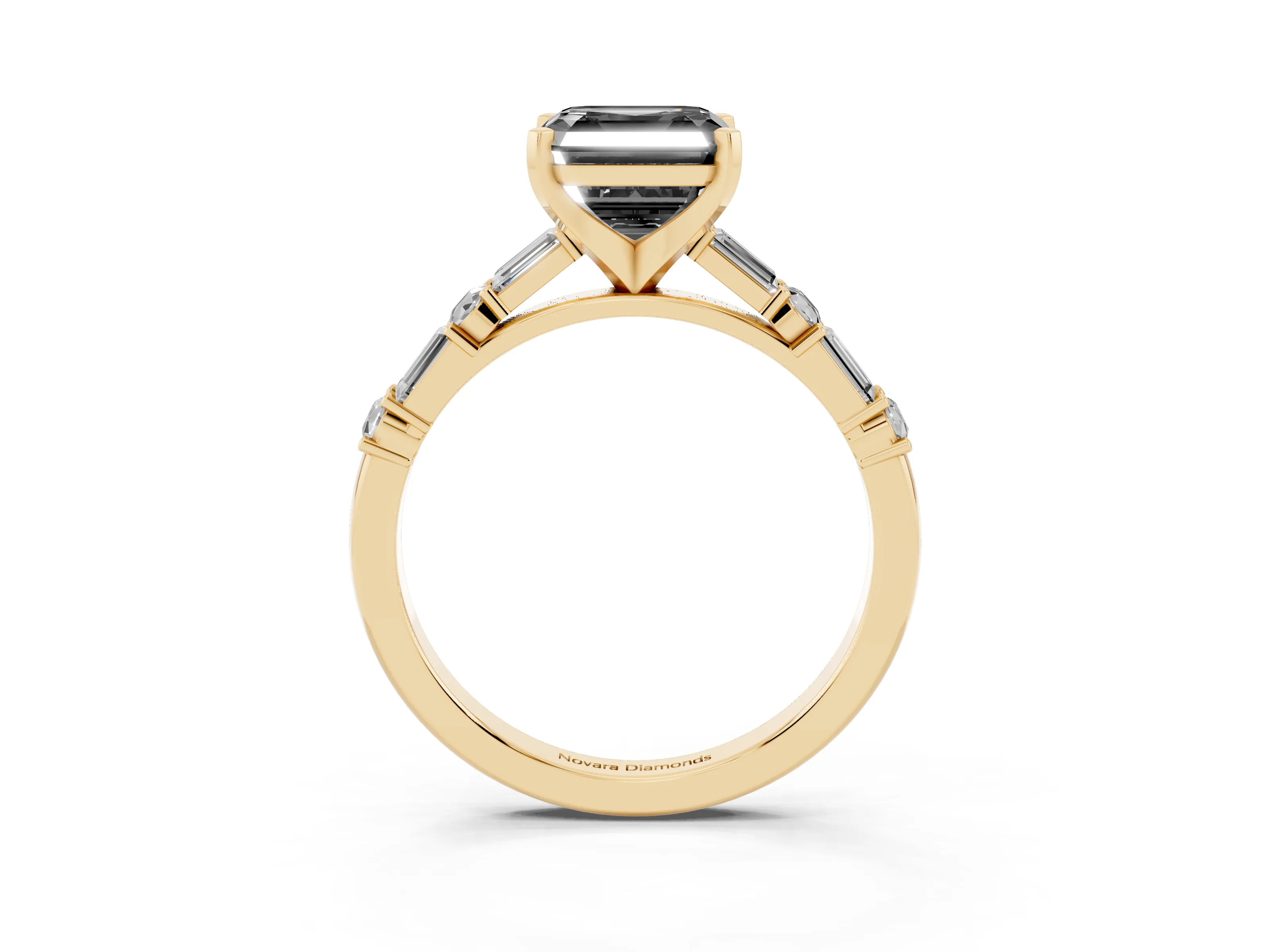 Fancy Black Asscher Cut Diamond Solitaire Set in Yellow gold with Side Baguettes and Channel Set Band
