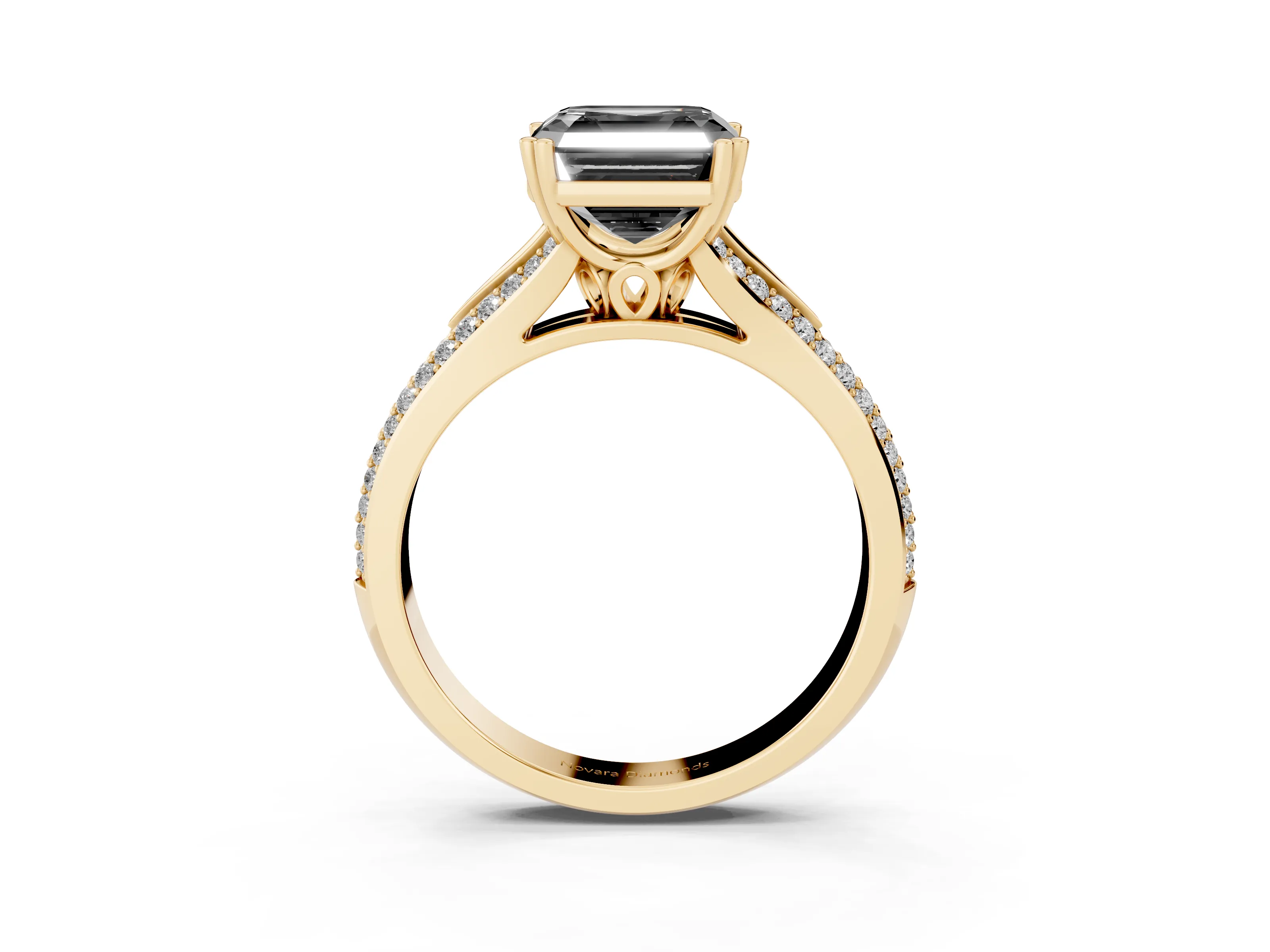 Fancy Black Asscher Cut Diamond Split Shank Pavé Engagement Ring Set in Yellow gold with Prong-Set Center Stone
