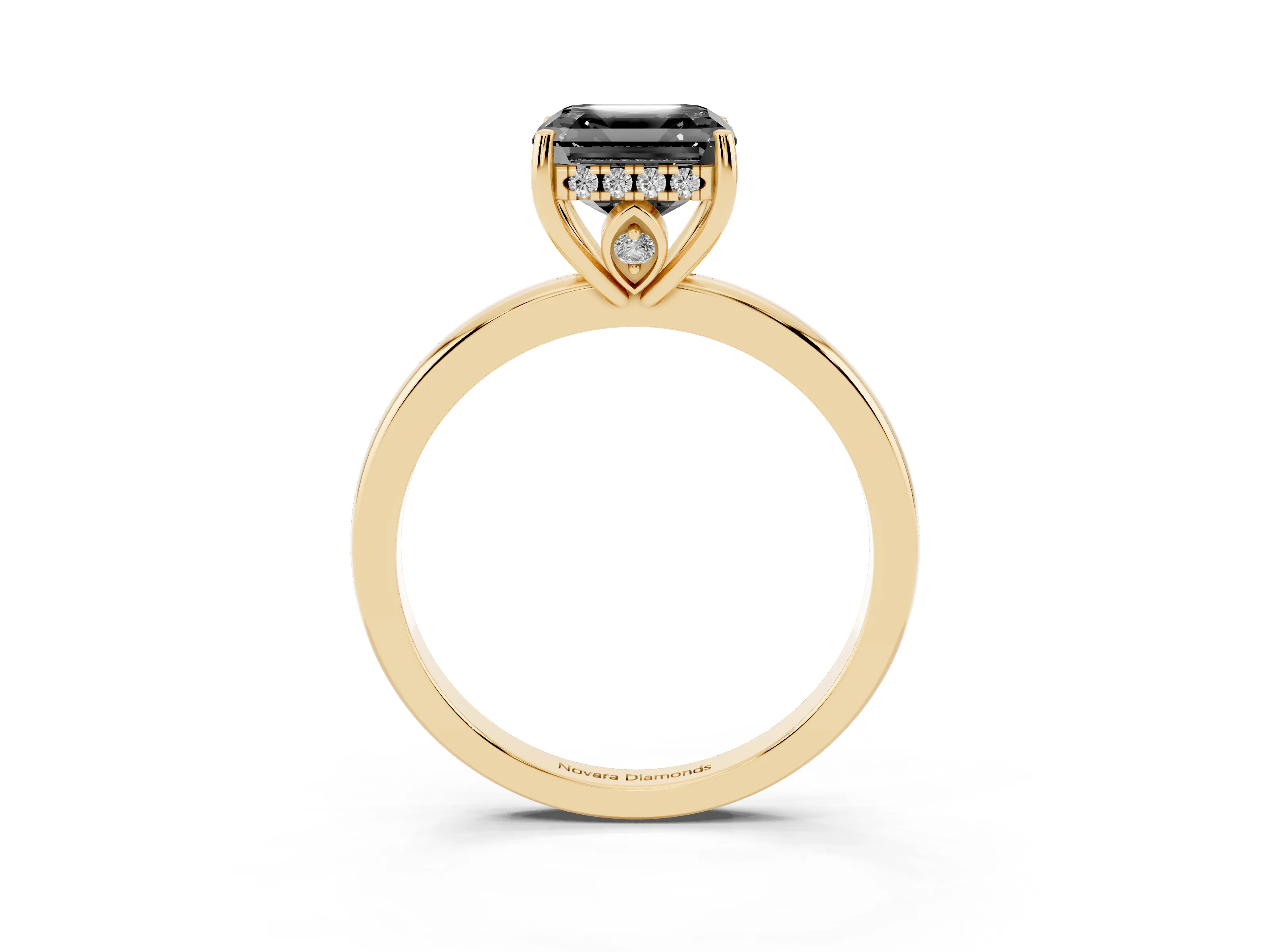 Fancy Black Asscher Cut Diamond Solitaire Ring Set in Yellow gold with Plain Band and Prong Setting