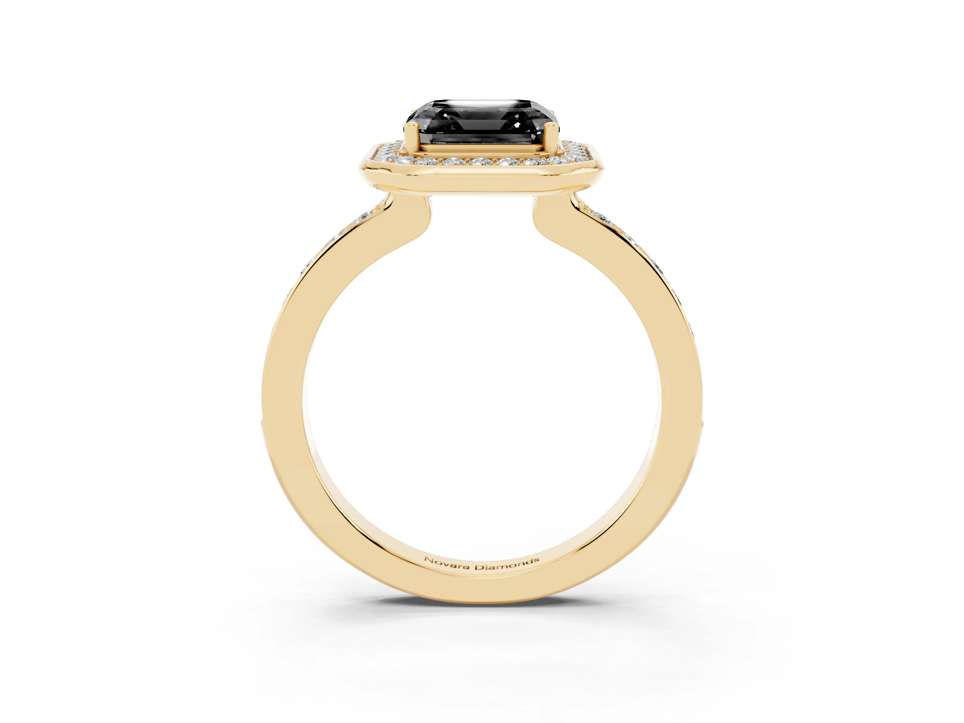 Fancy Black Asscher Cut Diamond Halo Ring Set in Yellow gold with Bezel Frame and Pavé Band