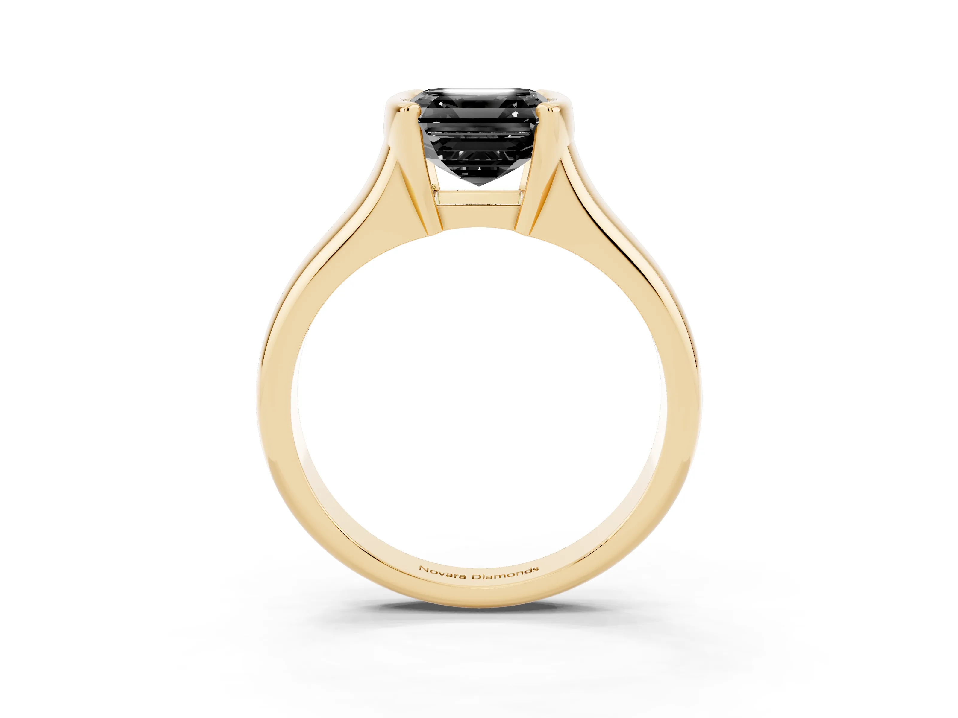 Fancy Black Asscher Cut Diamond Solitaire Tension Set Ring Set in Yellow gold with Split Shank Band
