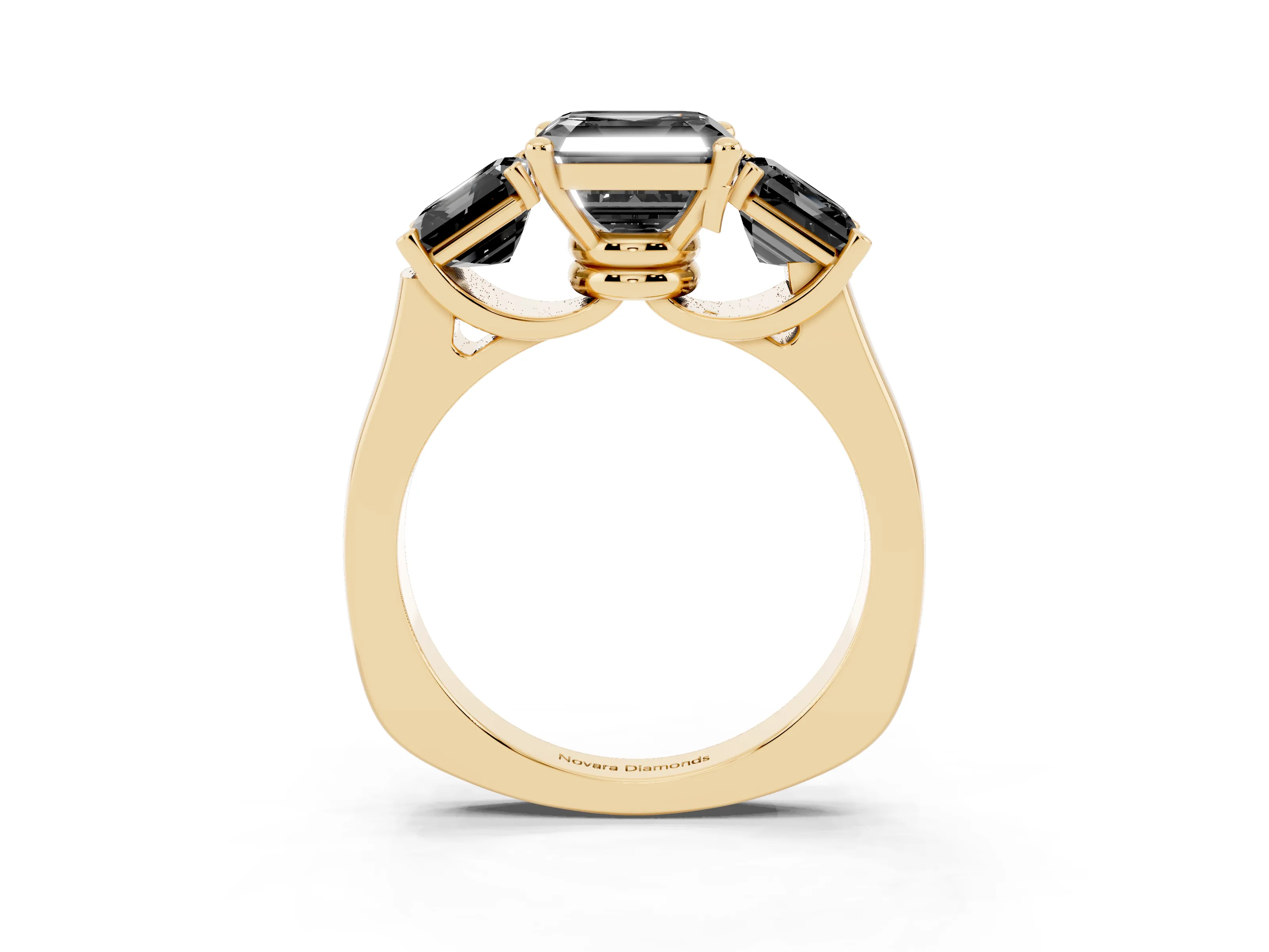 Fancy Black Asscher Cut Diamond Three-Stone Trellis Ring Set in Yellow gold with Comfort Fit Band