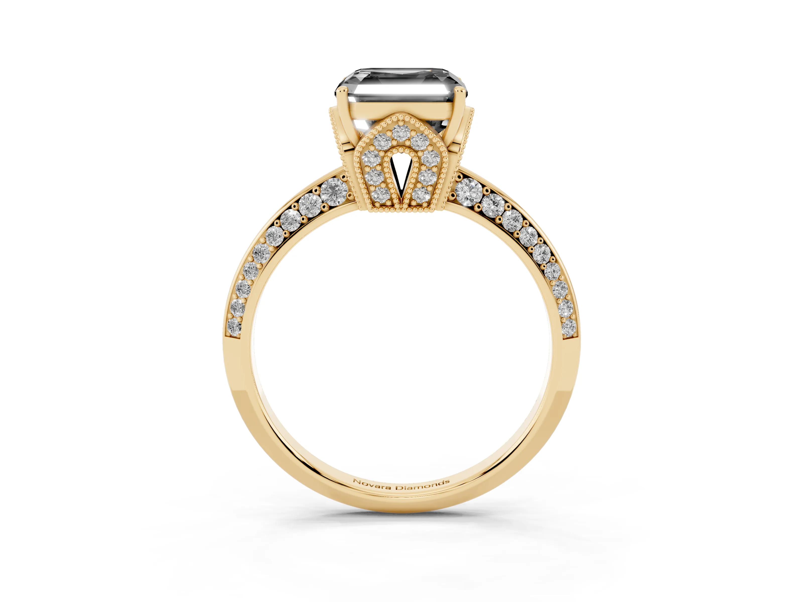Fancy Black Asscher Cut Diamond Solitaire Engagement Ring Set in Yellow gold with Pavé Split Shank and Prong Setting