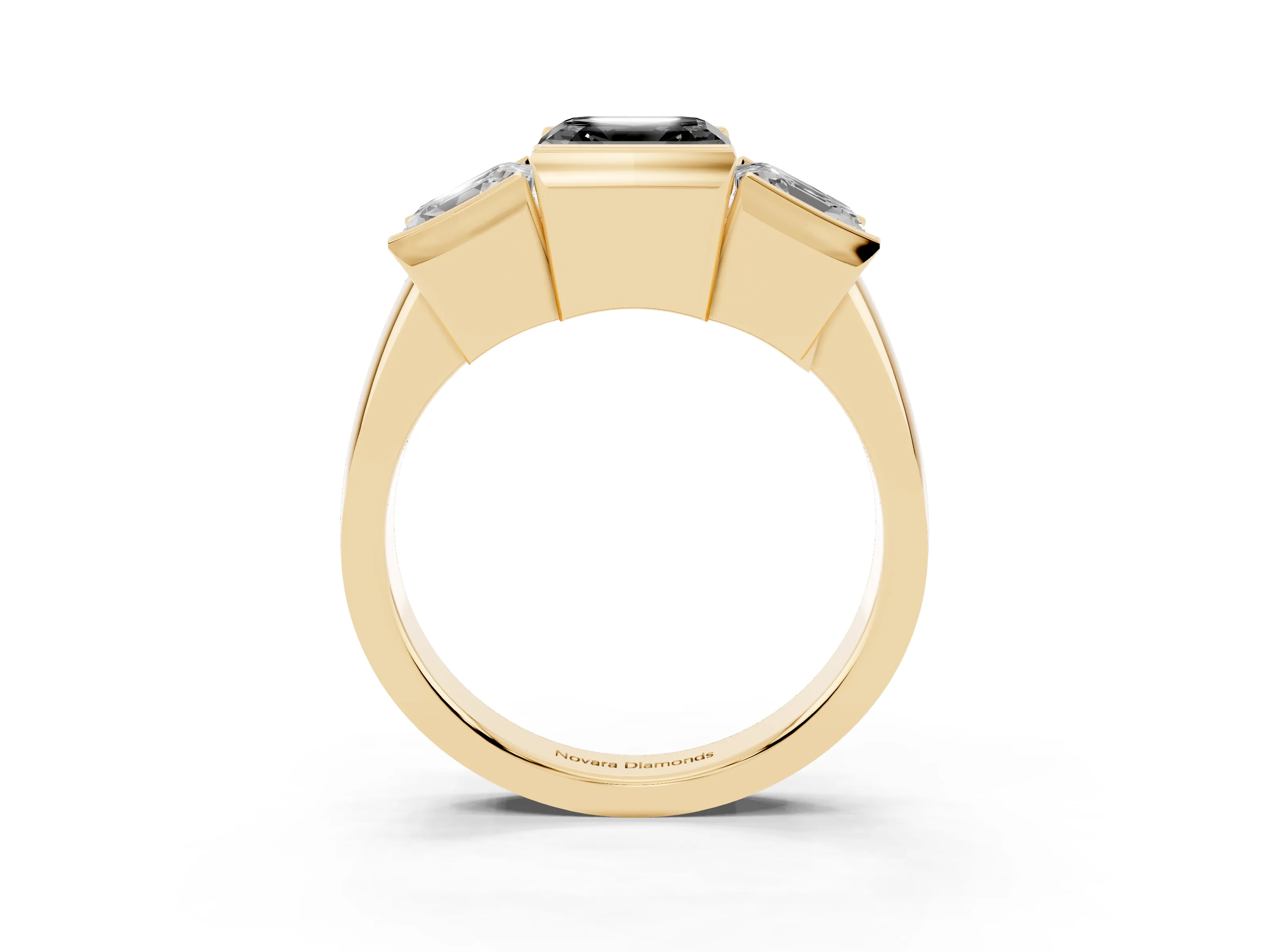 Fancy Black Asscher Cut Diamond Three-Stone Channel Set Ring Set in Yellow gold with Smooth Polished Band