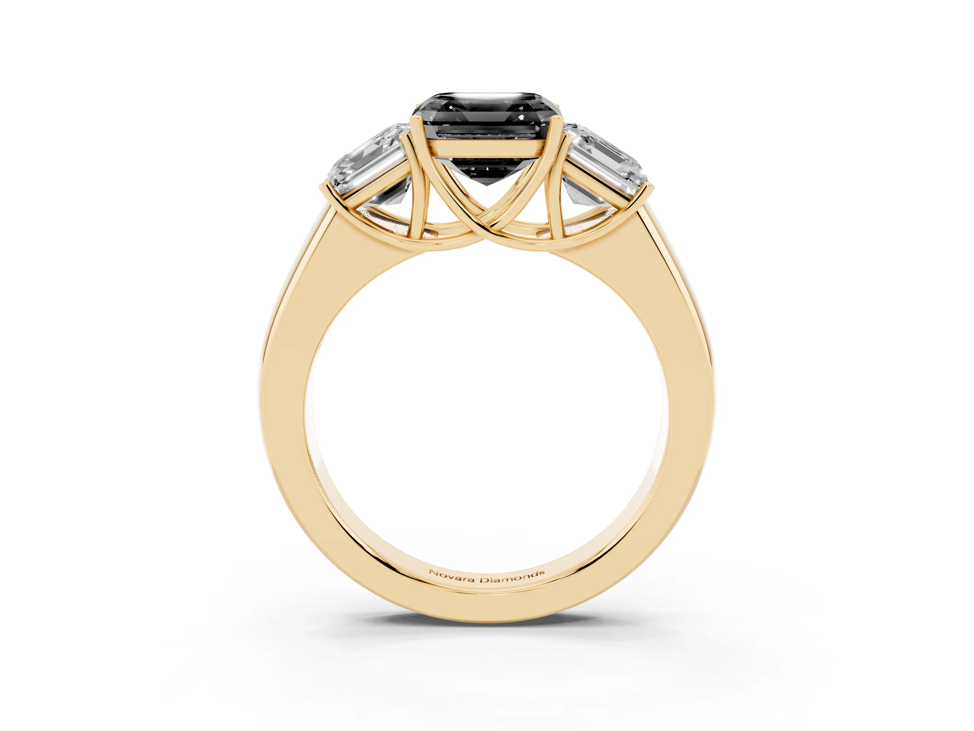 Fancy Black Three-Stone Asscher Cut Diamond Ring Set in Yellow gold with Matching Prong Settings and Plain Band