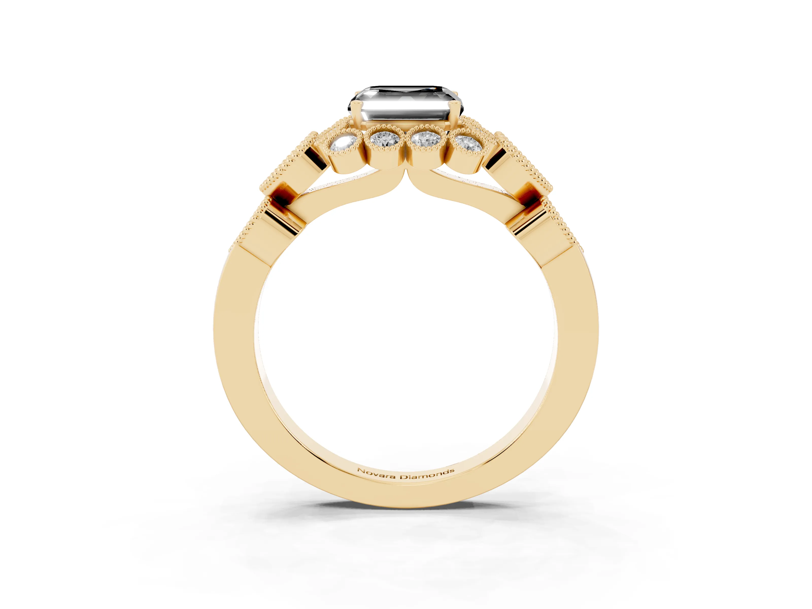 Fancy Black Asscher Cut Diamond Solitaire Ring Set in Yellow gold with Milgrain Pavé Heart Band