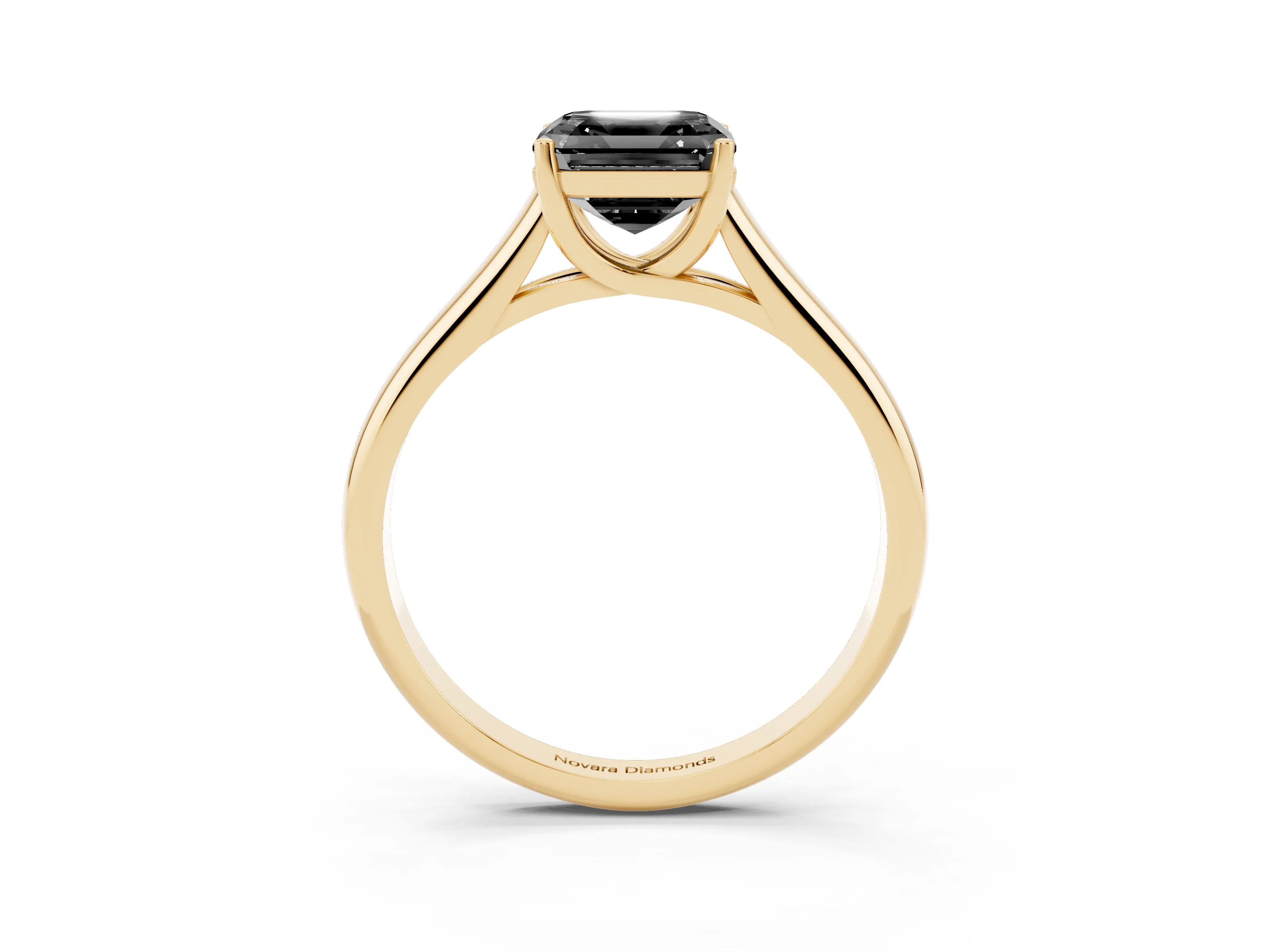 Fancy Black Asscher Cut Diamond Solitaire Engagement Ring Set in Yellow gold with Subtly Tapered Band and Prong Setting