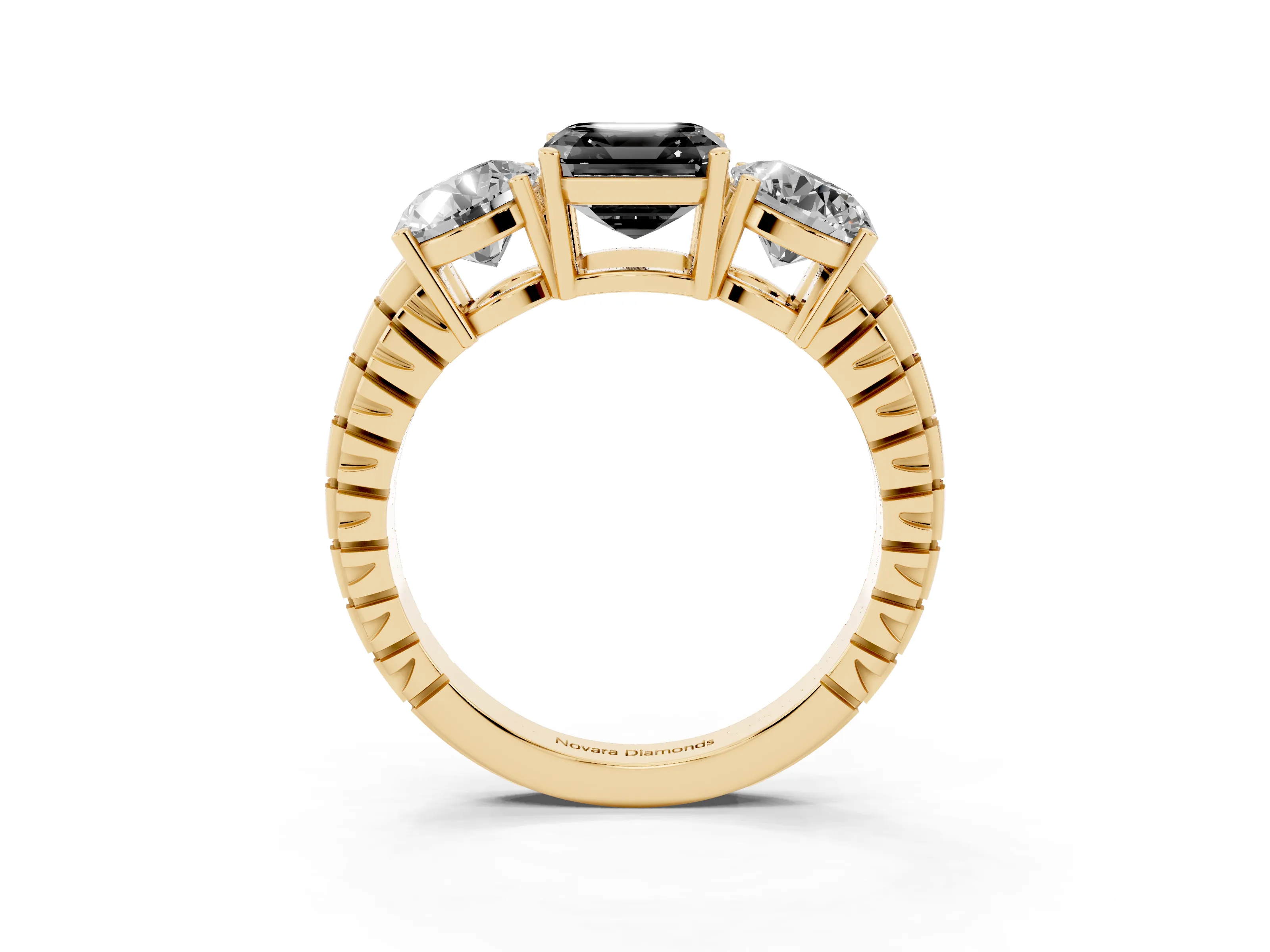 Fancy Black Asscher Cut Diamond Three-Stone Ring Set in Yellow gold with Channel-Set Accent Band
