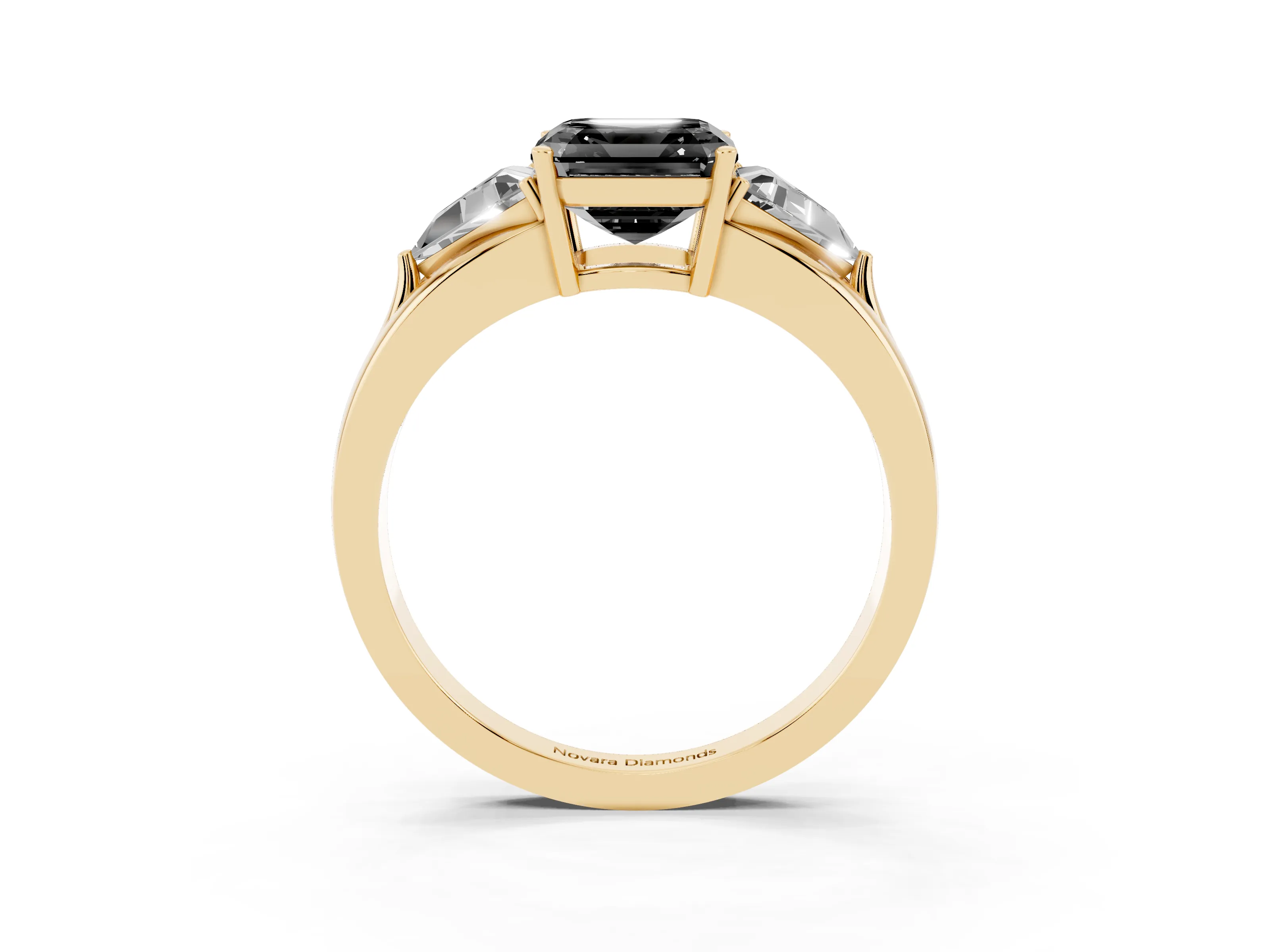 Fancy Black Asscher Cut Diamond Three-Stone Ring Set in Yellow gold with Trillion Side Stones and Split Shank