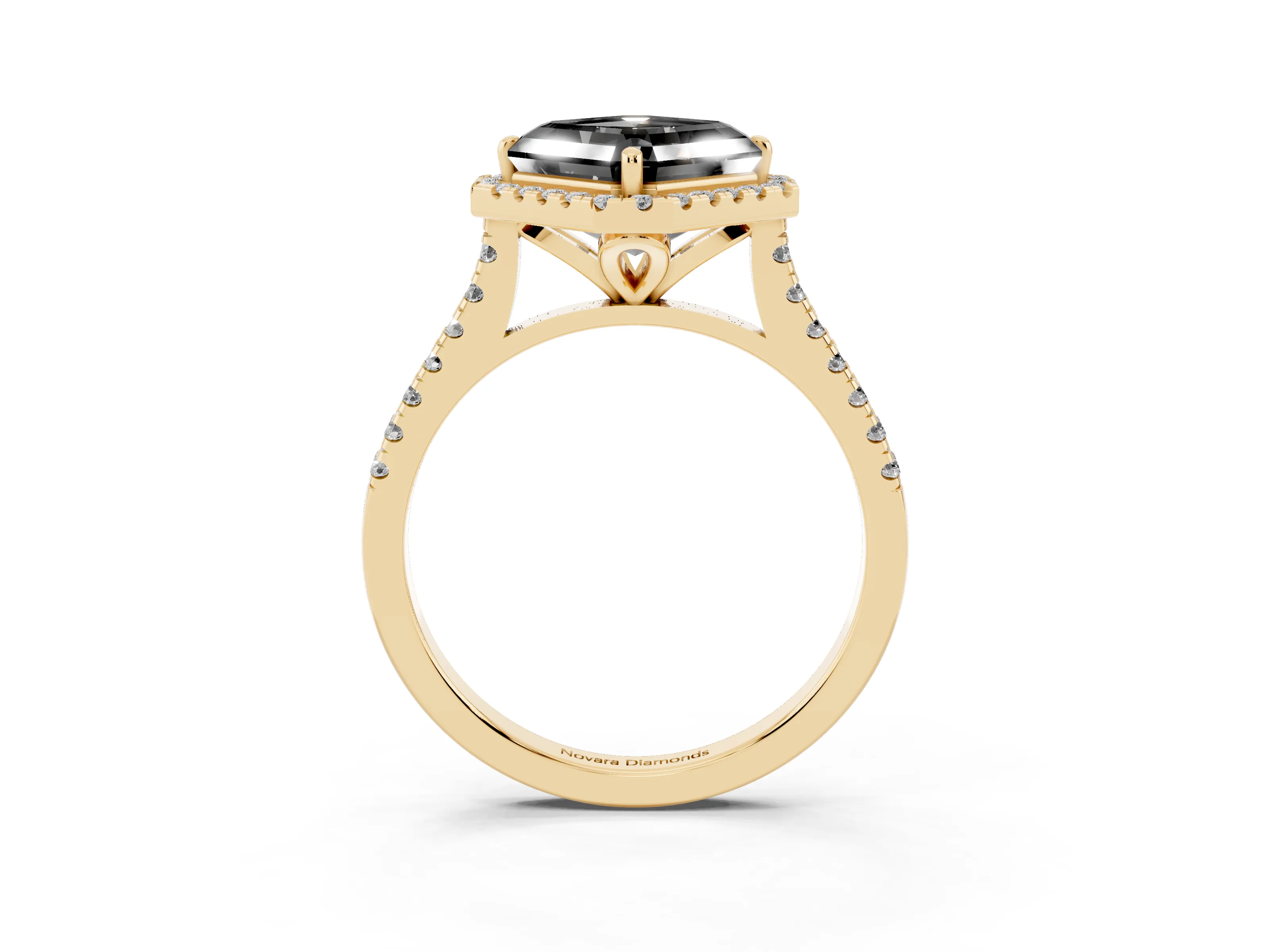 Fancy Black Asscher Cut Diamond Cushion Halo Ring Set in Yellow gold with Pavé Band