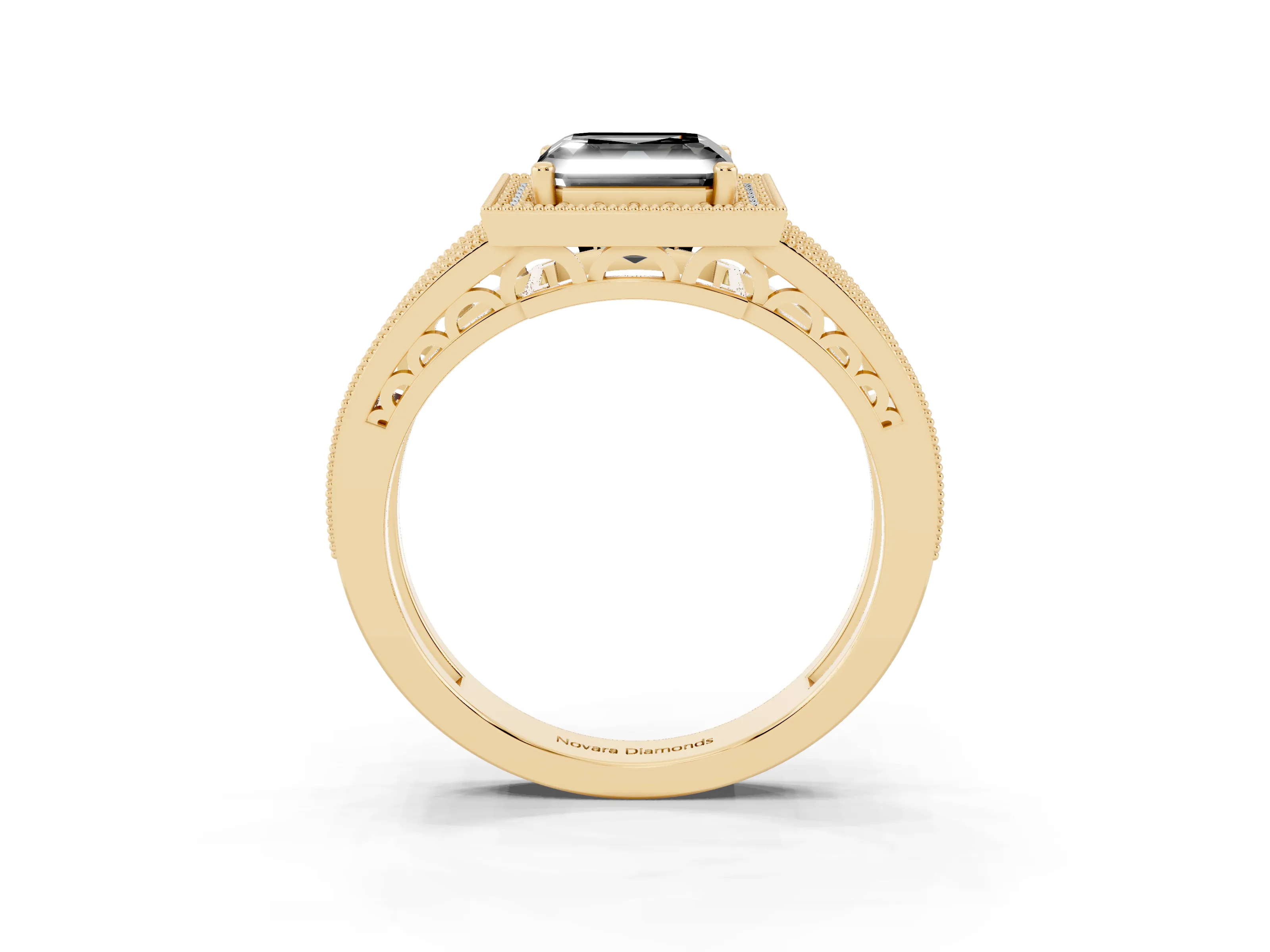 Fancy Black Asscher Cut Diamond Halo Ring Set in Yellow gold with Accent Split Shank and Prong Setting