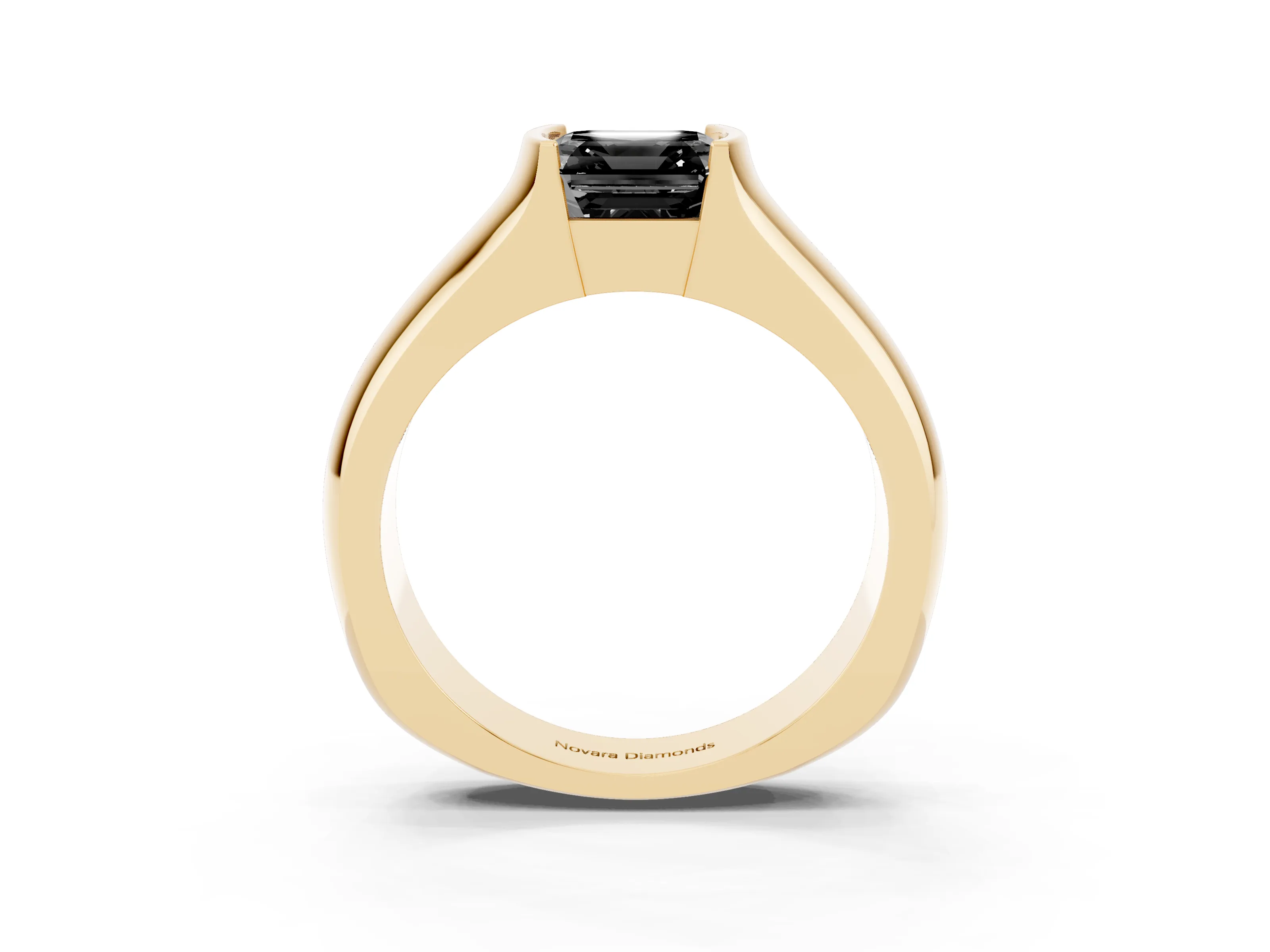 Fancy Black Asscher Cut Diamond Bezel Solitaire Ring Set in Yellow gold with Wide Band