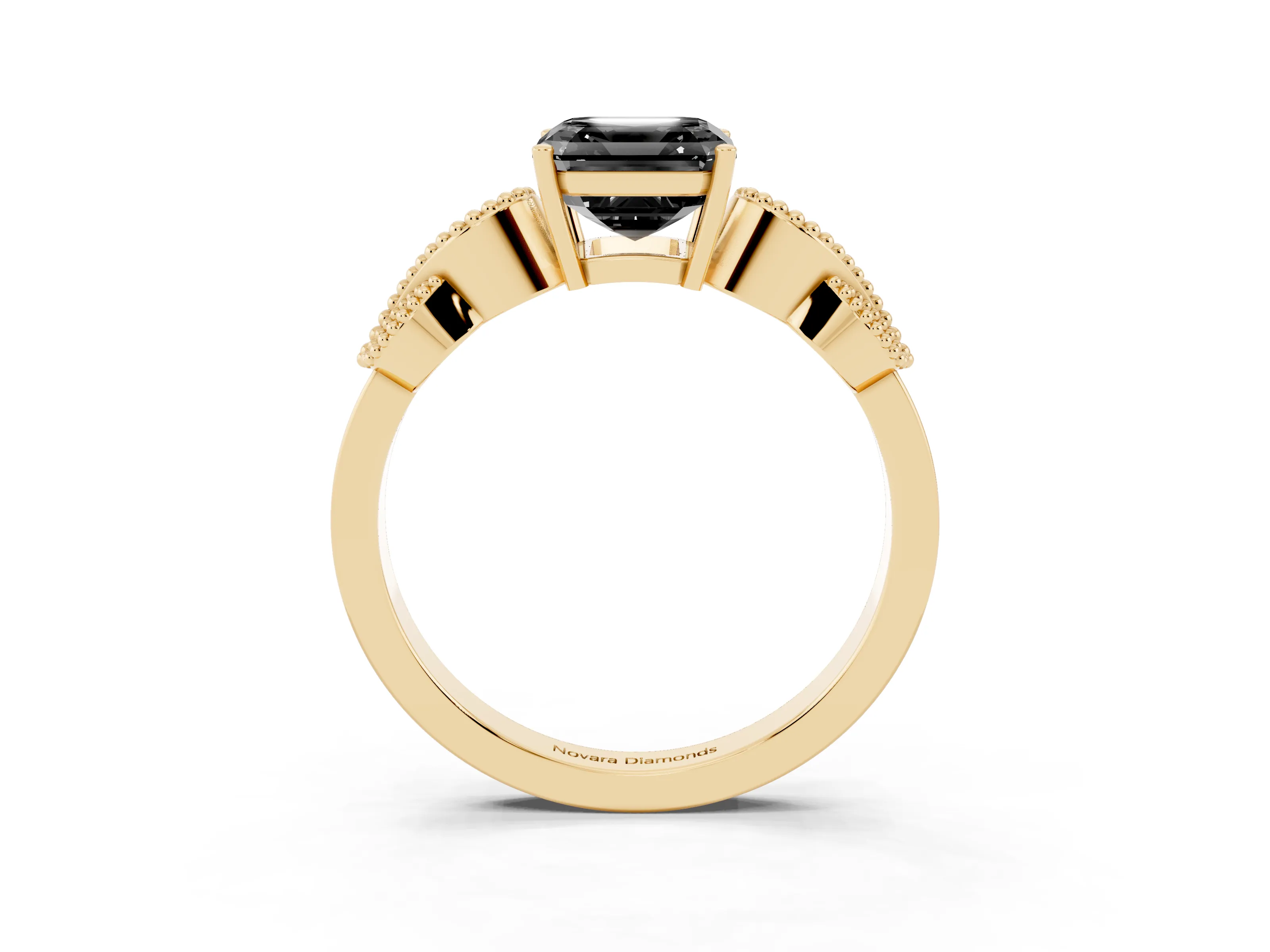 Fancy Black Asscher Cut Diamond Milgrain Leaf Band Solitaire Ring Set in Yellow gold with Accent Stones and Prong Setting