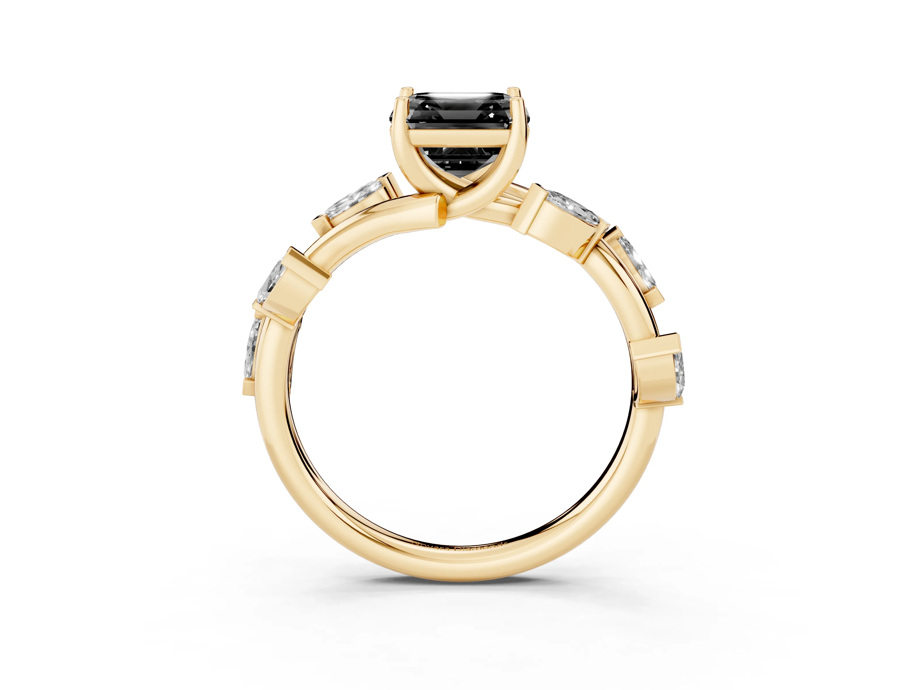 Fancy Black Asscher Cut Diamond Solitaire Ring Set in Yellow gold with Twisted Marquise Accent Band