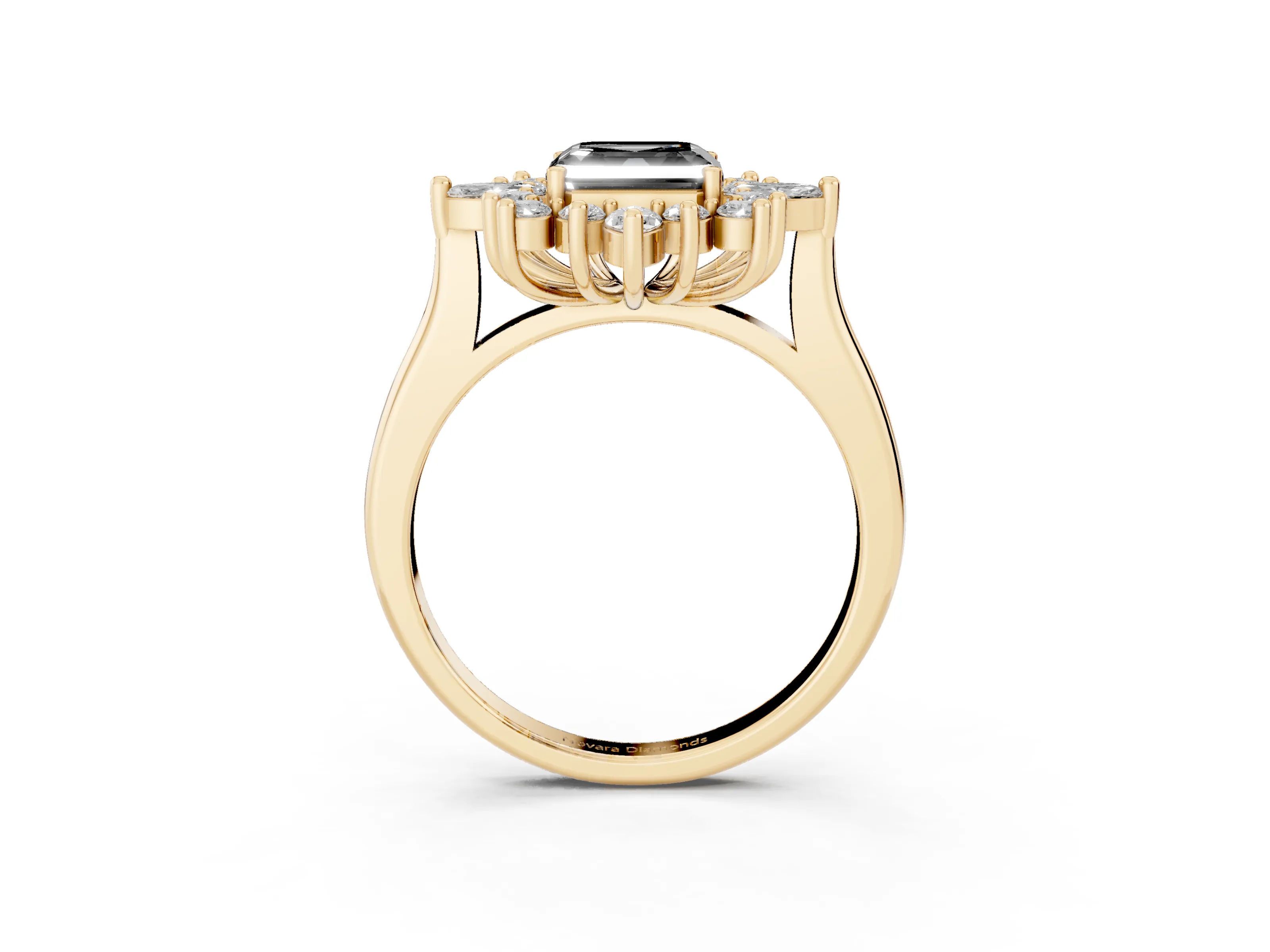 Fancy Black Asscher Cut Diamond Cluster Halo Ring Set in Yellow gold with Marquise and Round Accents