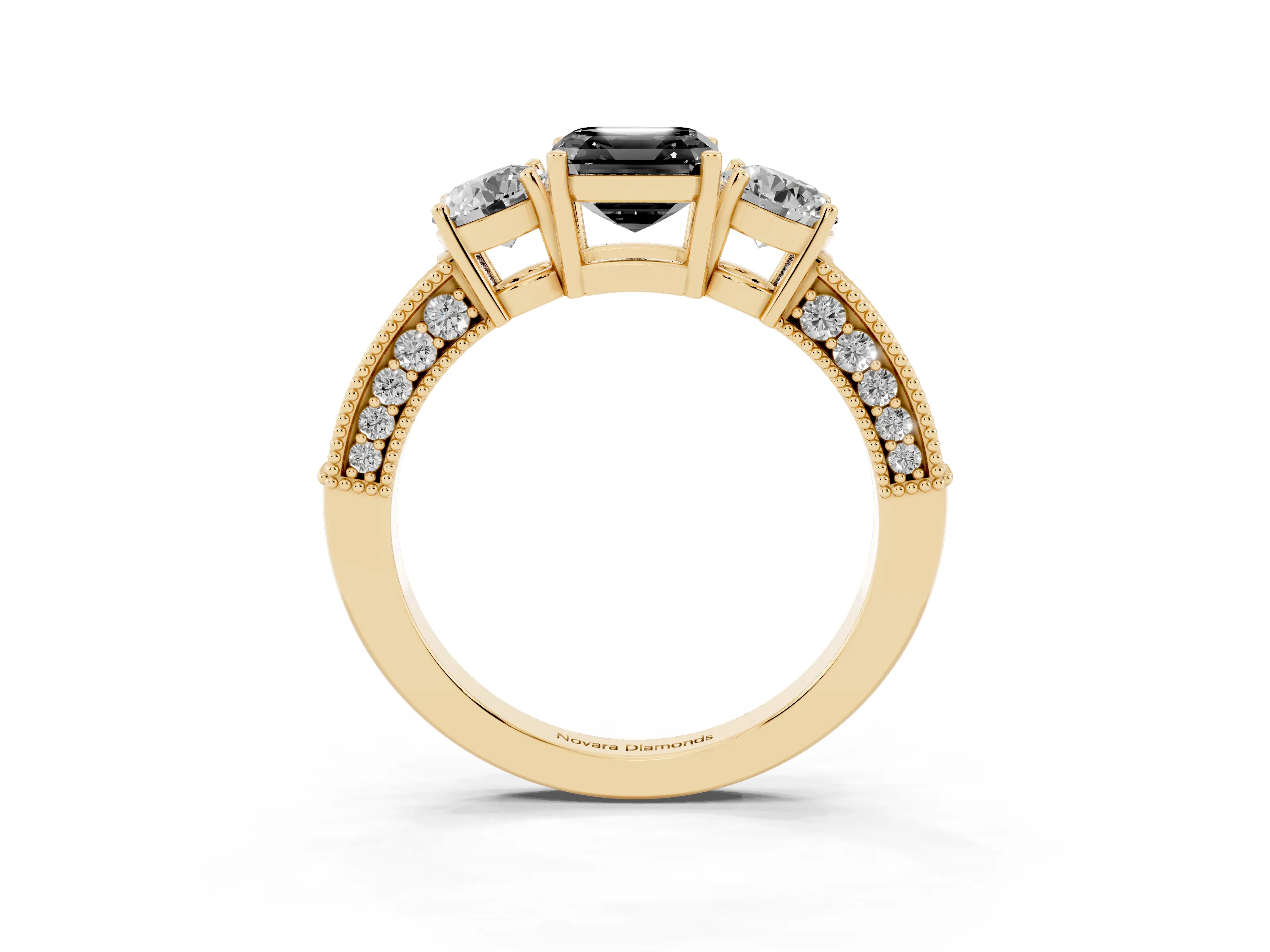 Fancy Black Asscher Cut Diamond Three-Stone Ring Set in Yellow gold with Round Side Stones and Pavé Band