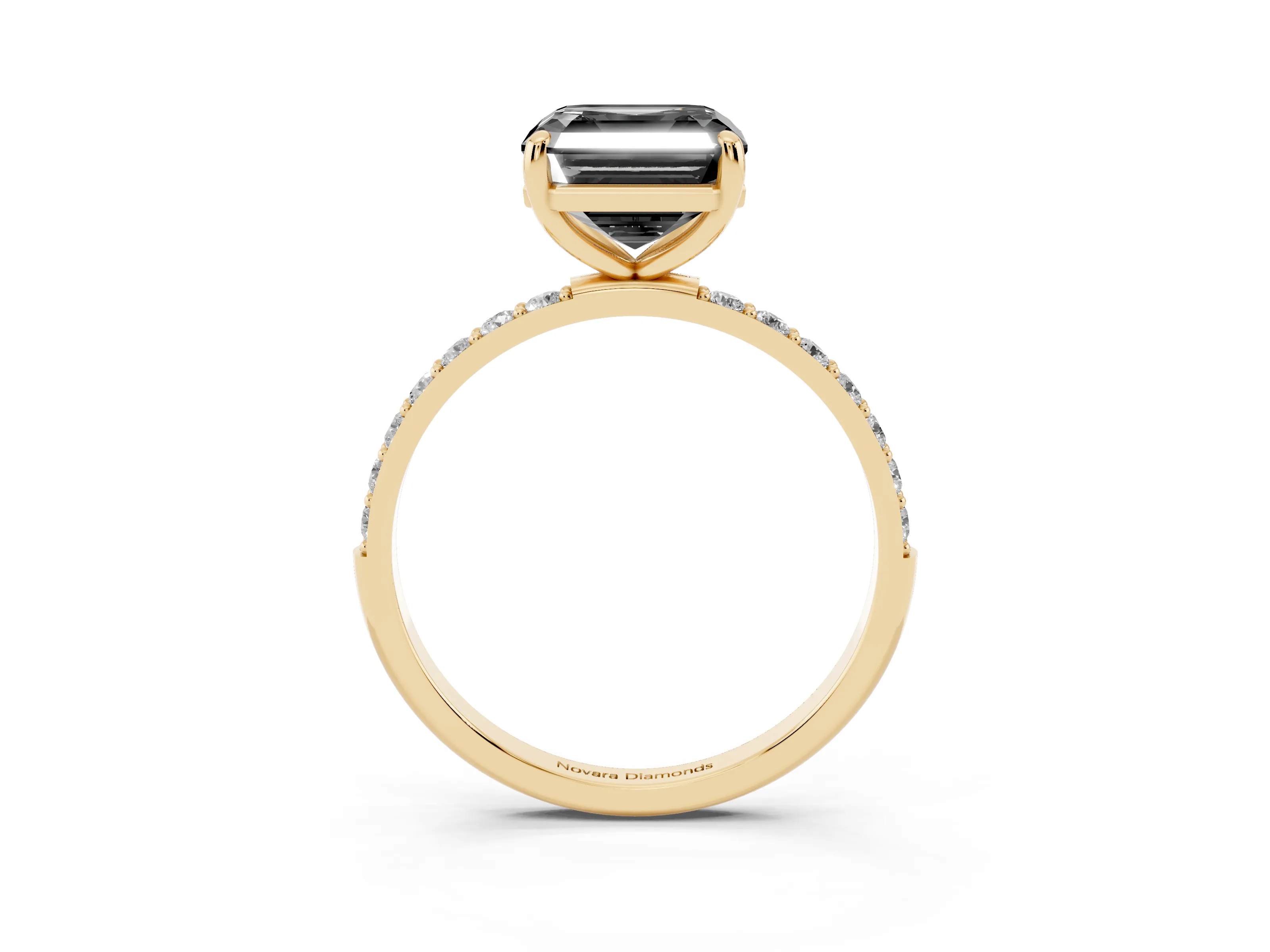 Fancy Black Asscher Cut Diamond Solitaire Ring Set in Yellow gold with Round Pavé Band and Prong Setting