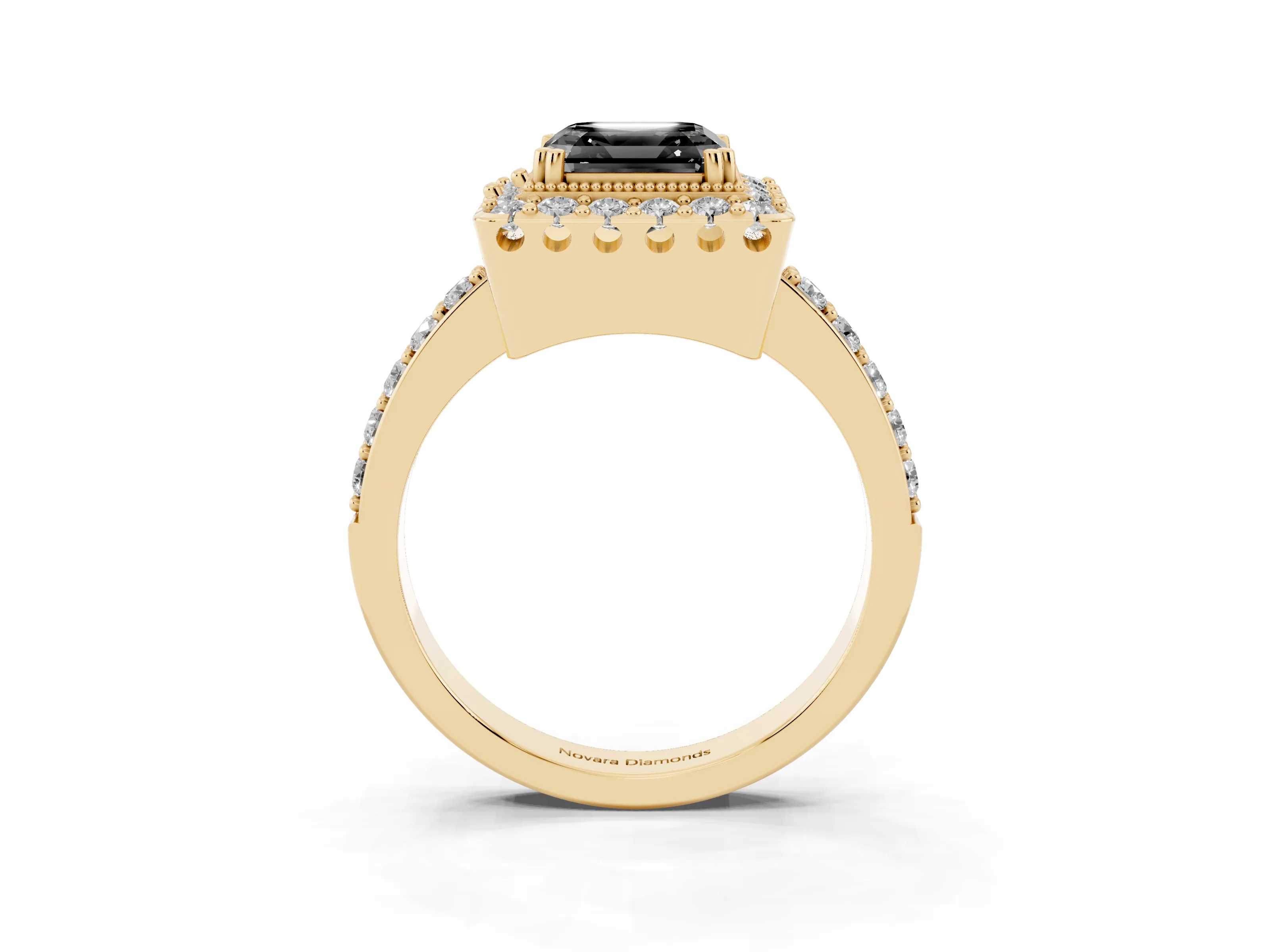 Fancy Black Asscher Cut Diamond Halo Ring Set in Yellow gold with Pavé Shank and Prong Setting