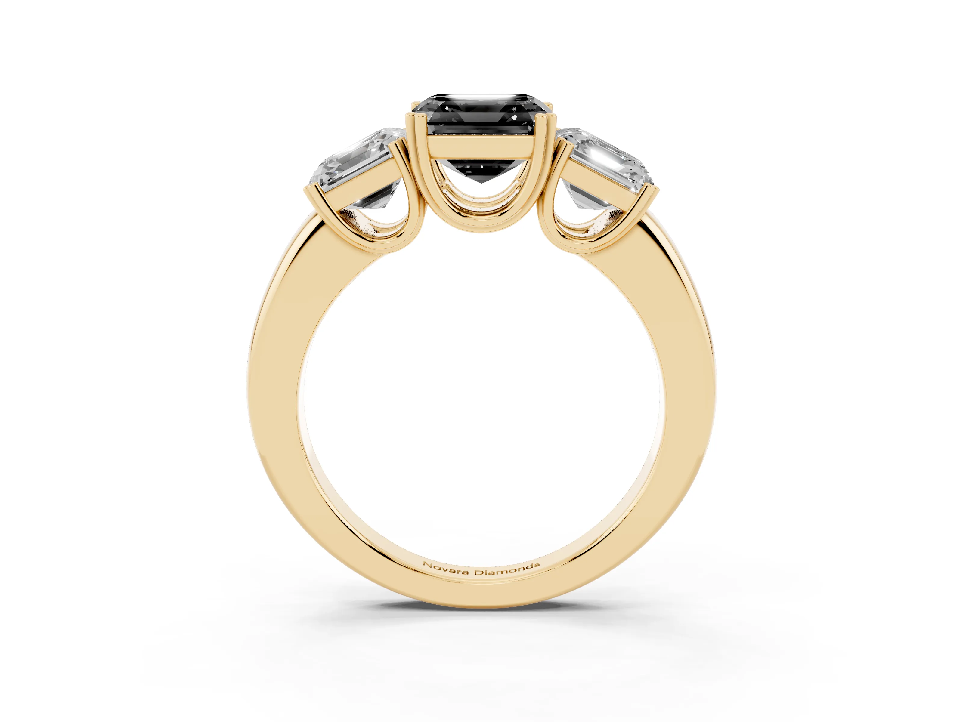 Fancy Black Asscher Cut Diamond Three-Stone Ring Set in Yellow gold with Polished Band and Prong Setting