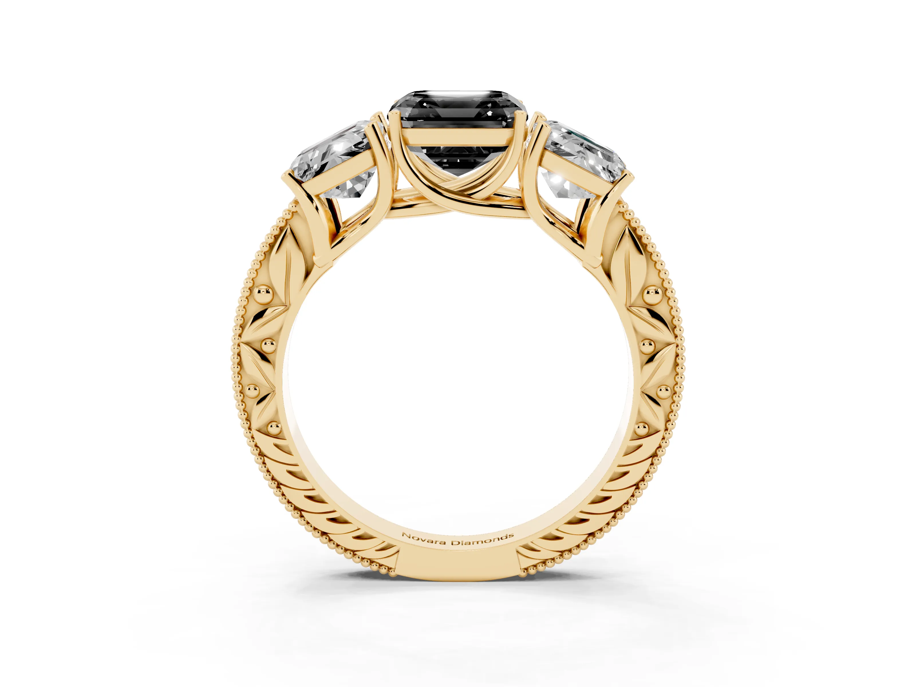 Fancy Black Asscher Cut Diamond Three-Stone Engagement Ring Set in Yellow gold with Milgrain Pavé Band
