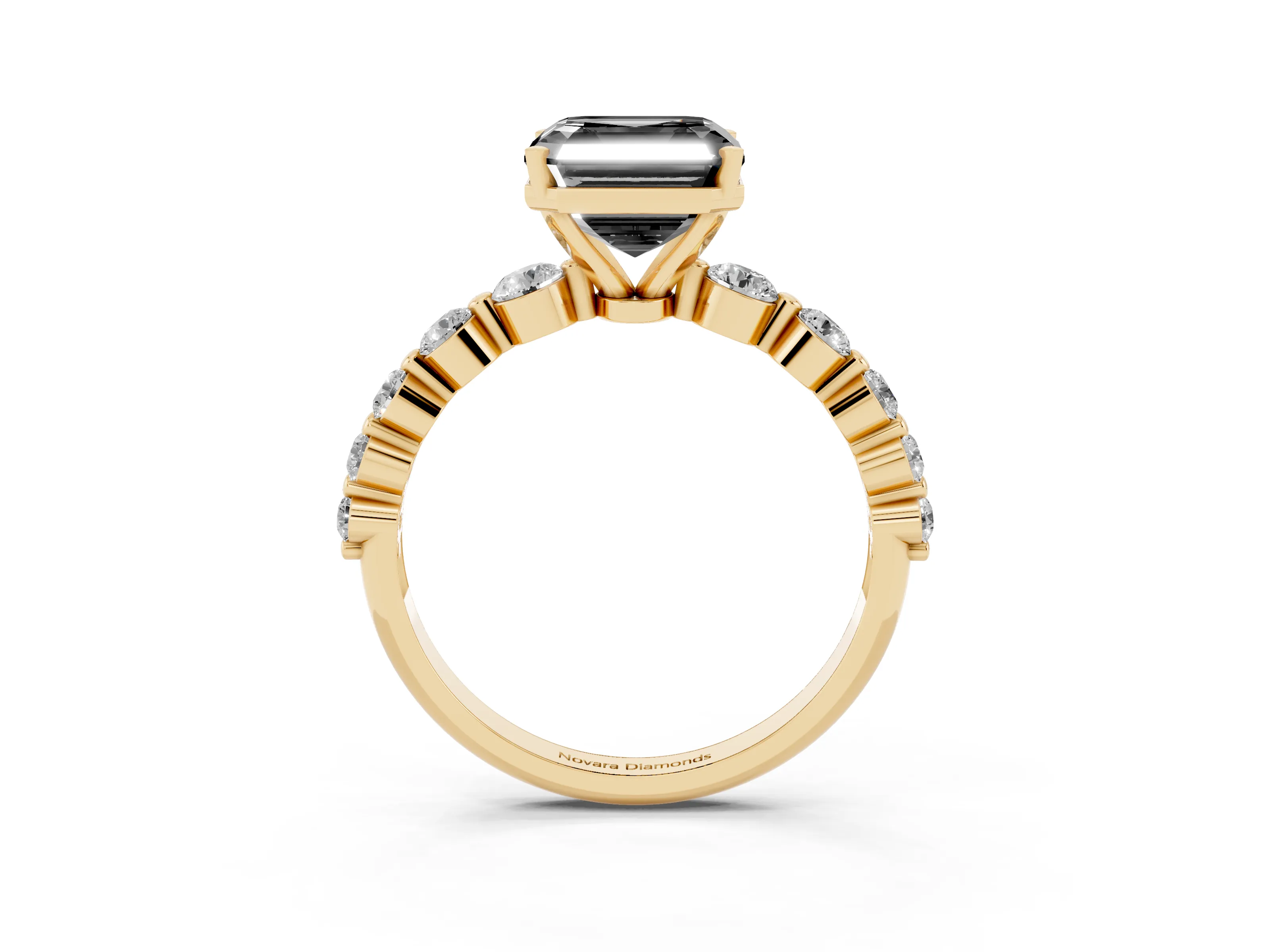Fancy Black Asscher Cut Diamond Solitaire Ring Set in Yellow gold with Pavé Band and Prong Setting