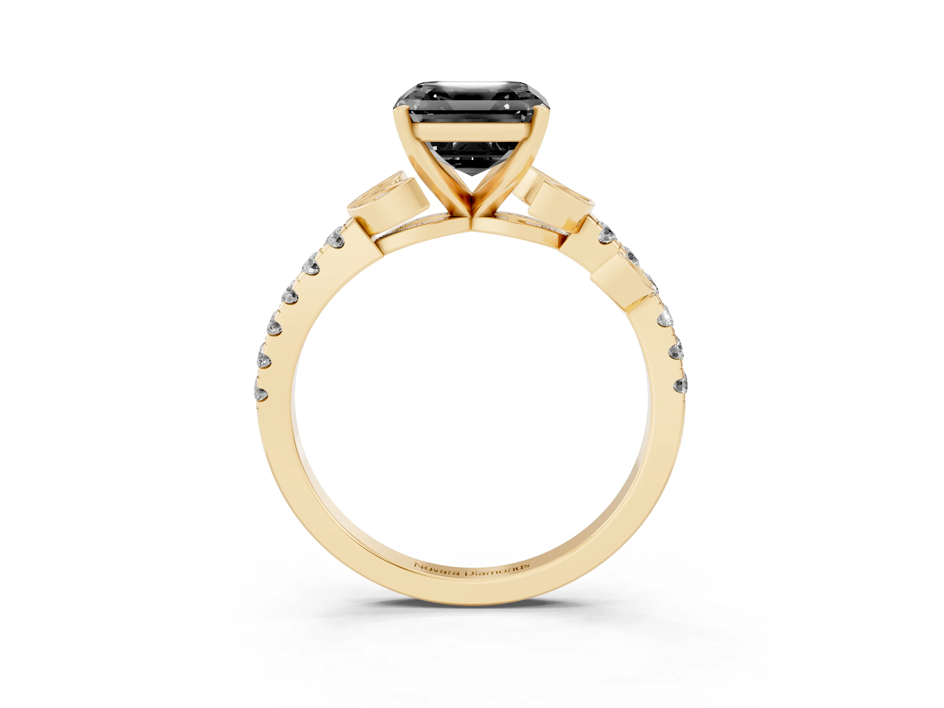 Fancy Black Asscher Cut Diamond Solitaire Leaf-Inspired Ring Set in Yellow gold with Pavé Band and Prong Setting