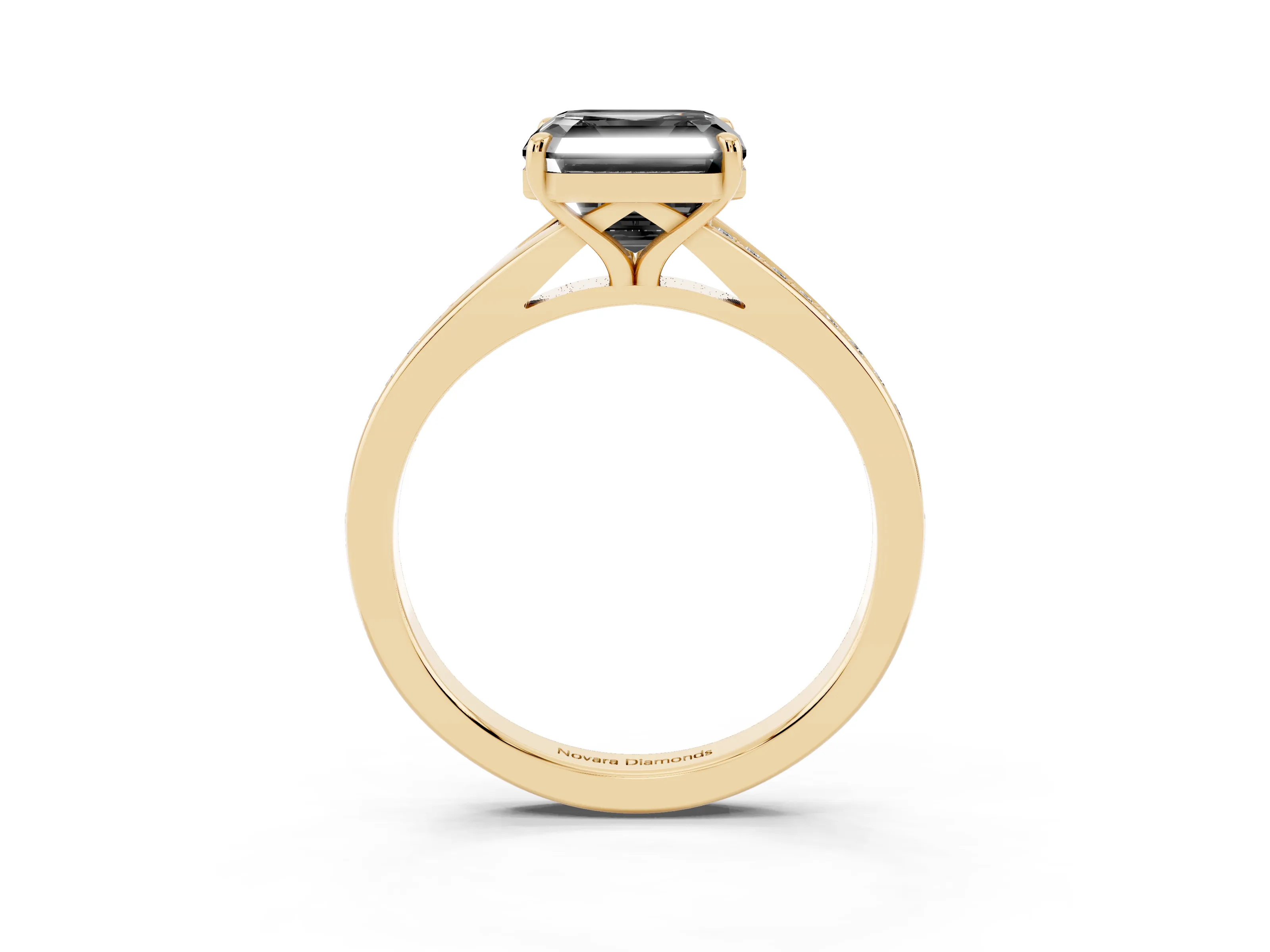 Fancy Black Asscher Cut Diamond Solitaire Ring Set in Yellow gold with Pavé Accent Band and Classic Prong Setting