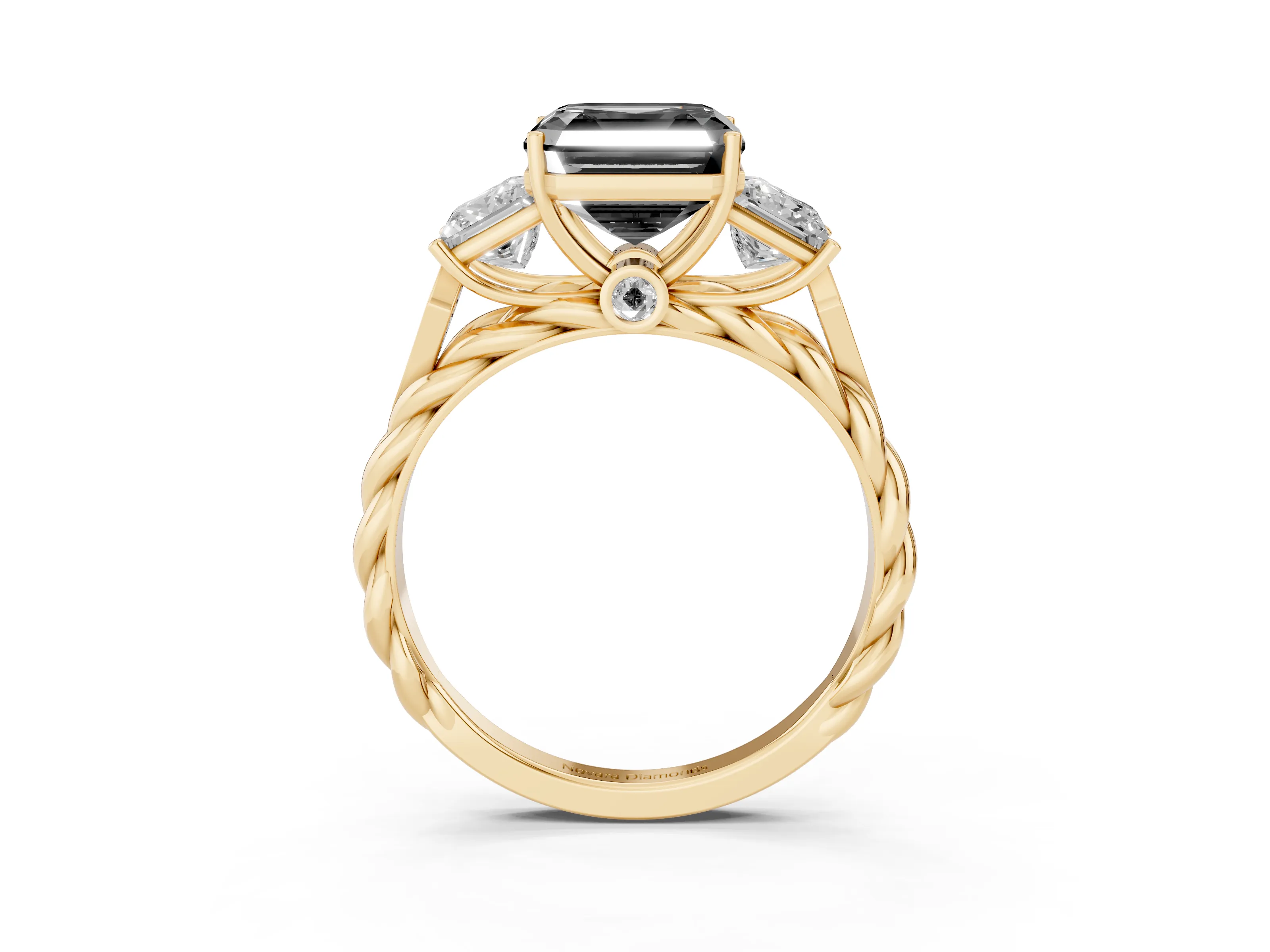 Fancy Black Asscher Cut Diamond Three-Stone Ring Set in Yellow gold with Braided Band